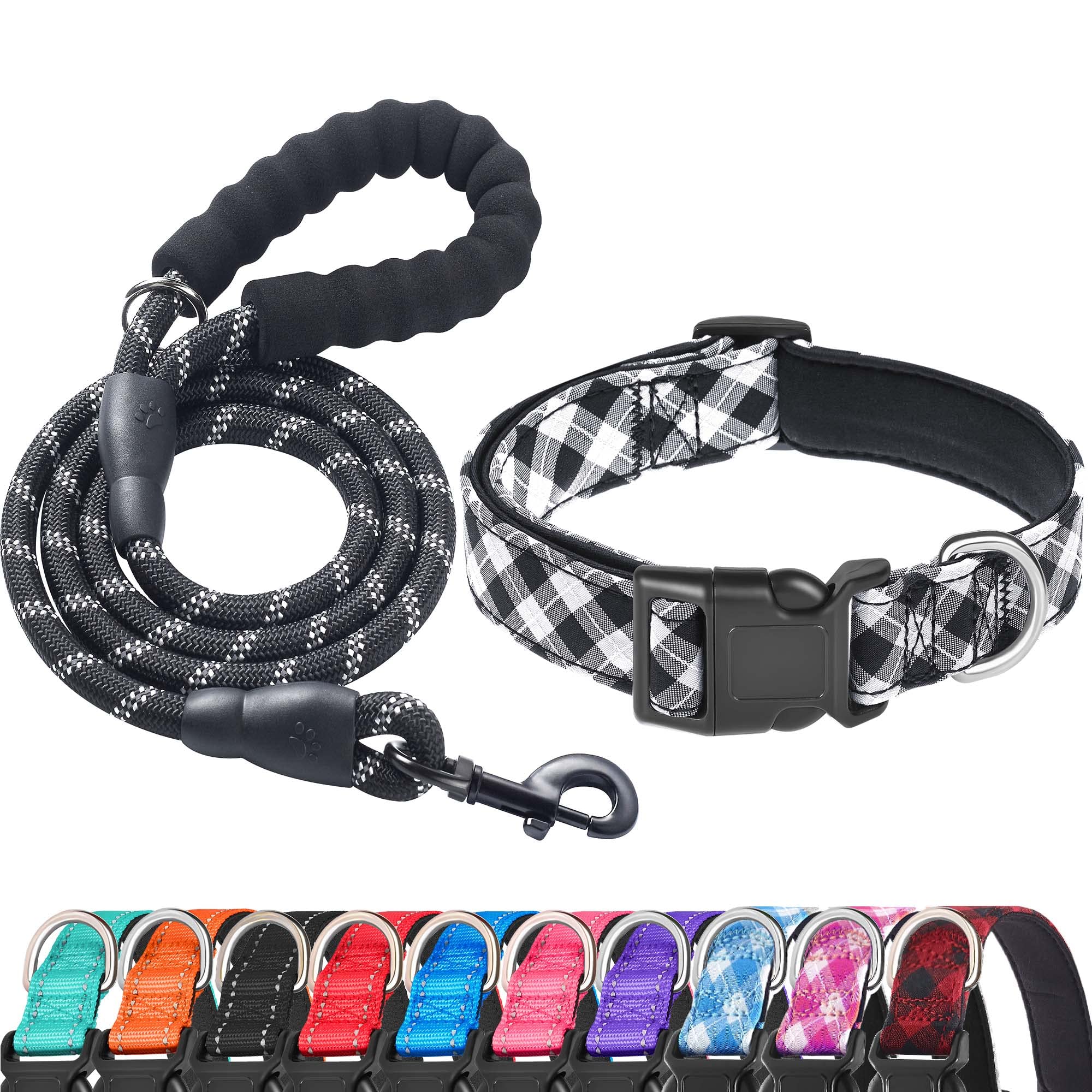 Ladoogo Reflective Dog Collar Padded With Soft Neoprene Breathable Adjustable Nylon Dog Collars For Small Medium Large Dogs (Medium (Pack Of 1), Black Plaid Collar+Leash)