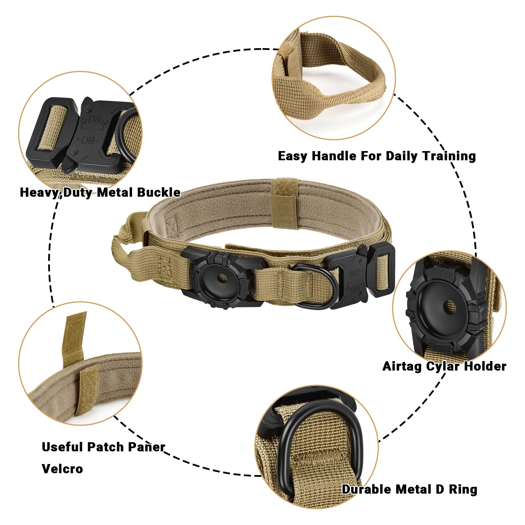 Tactical Airtag Dog Collar Leash Set - Heavy Duty, Adjustable Gps Collar Compatible With Apple Airtag, With Holder & Control Han