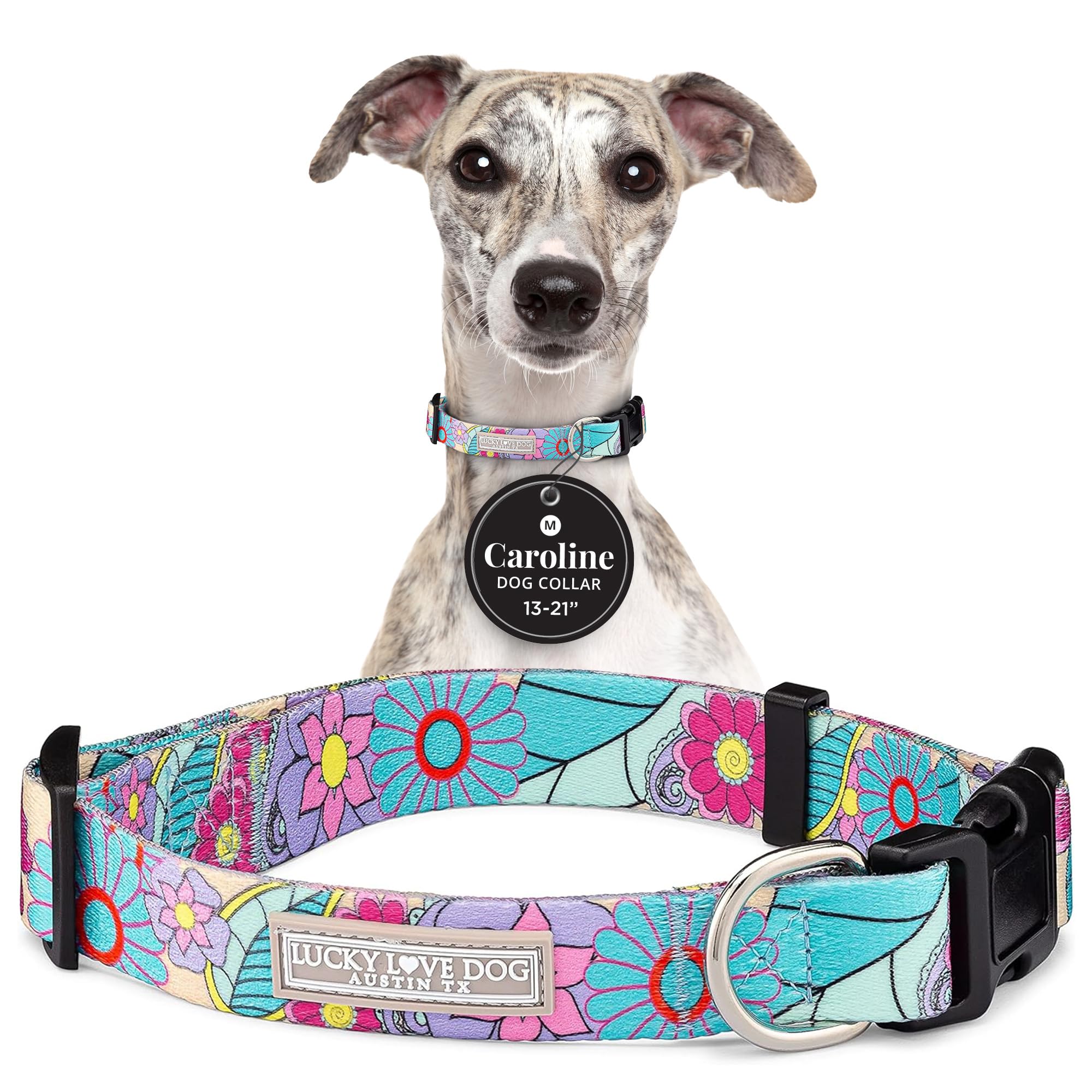 Lucky Love Dog Collars, Vivid Flower Pattern Dog Collars For Medium Female Dogs, Spring & Summer Floral Themed Print, Caroline, 