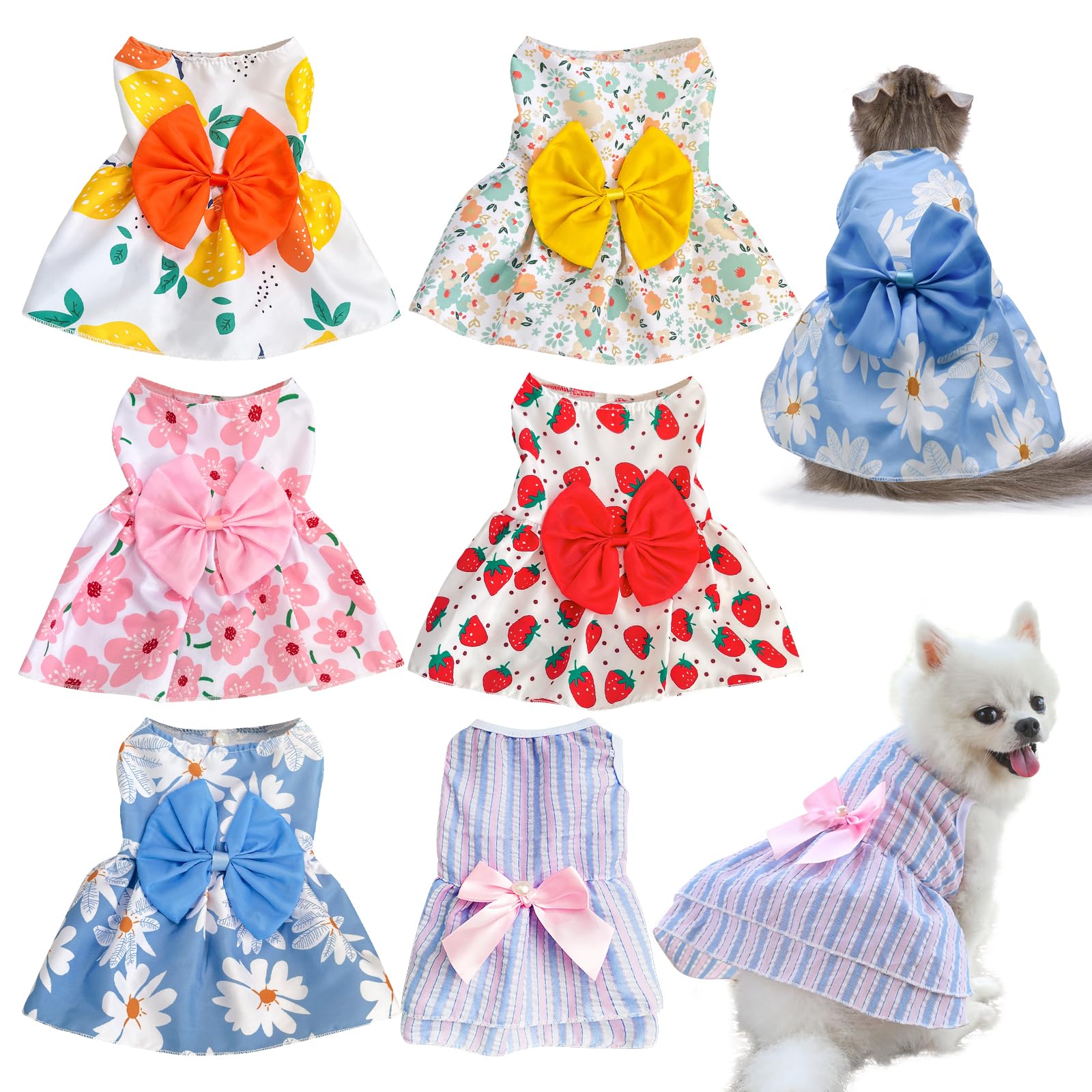 Katolk 6 Pieces Dog Dresses For Small Dogs Girls, Cute Princess Puppy Kitten Dog Dresses With Flowers And Bowknot For Pet Cats, 