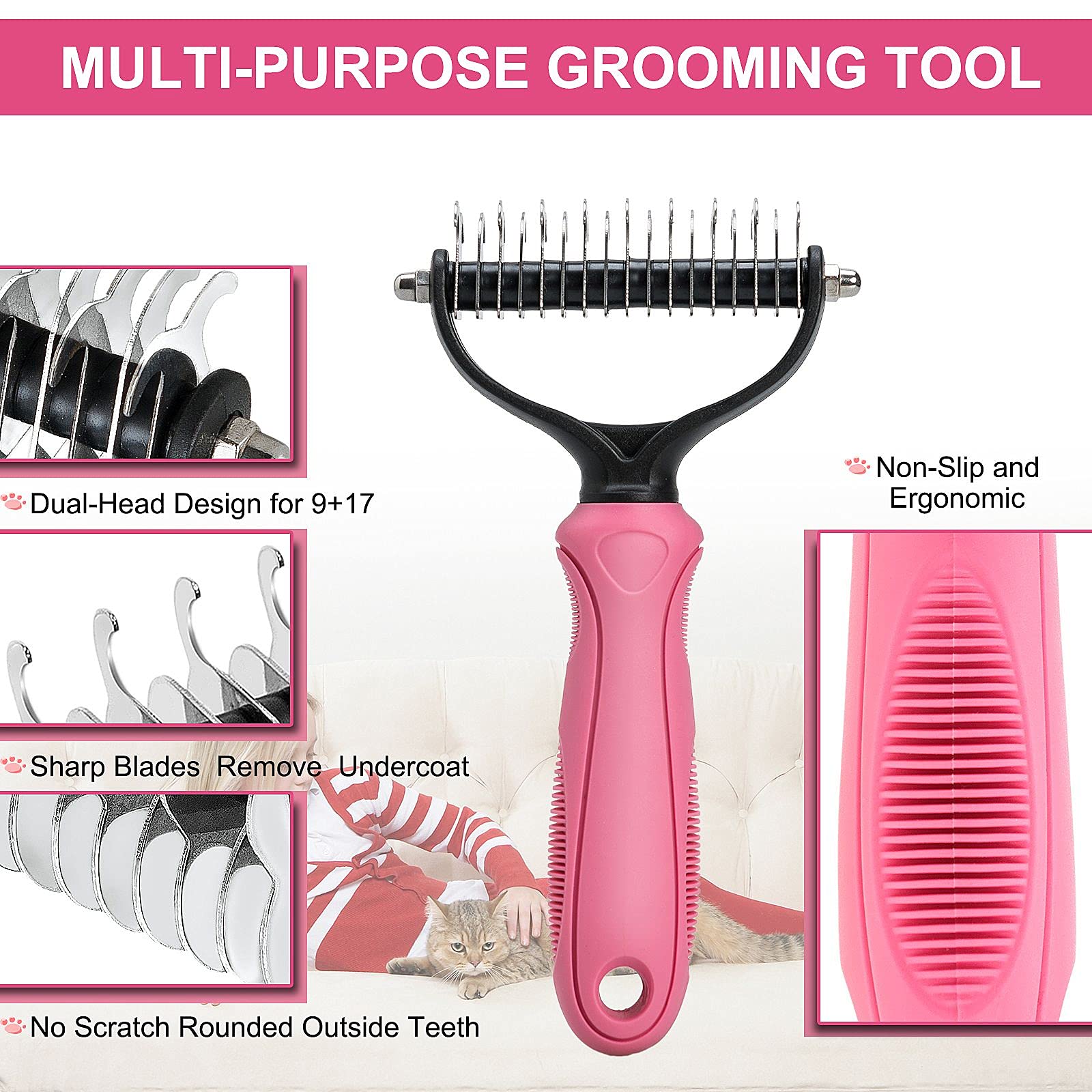 Whoobell Undercoat Rake For Dogs, 2 Side Undercoat Brush For Deshedding And Dematting For Dog Cat Rabbit, Professional Pet Grooming Hairtools, Removes Loose Undercoat And Nasty Shedding, Pink