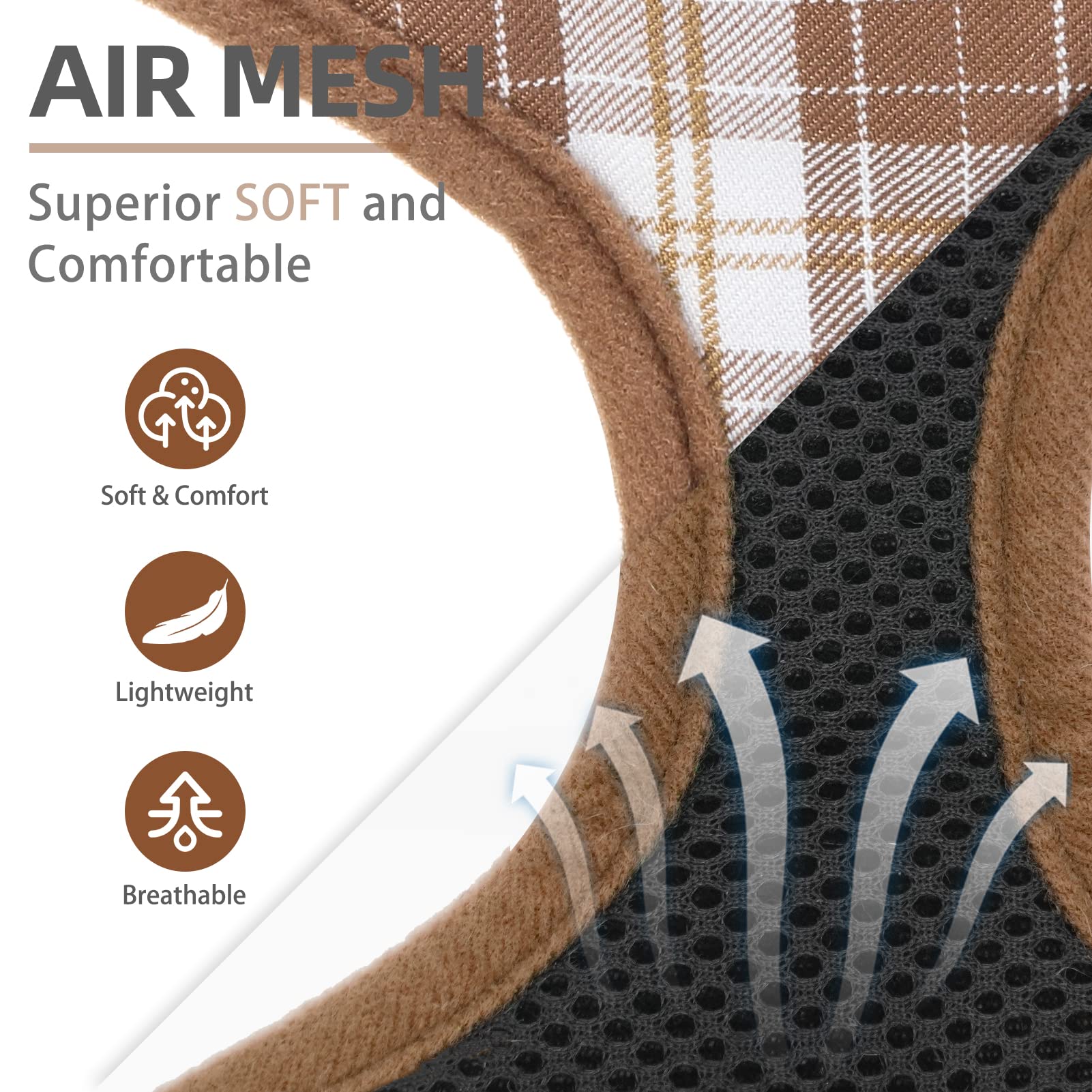 Pupteck Soft Mesh Dog Harness And Leash Set Pet Puppy Cat Comfort Padded Vest No Pull Harnesses, Brown, L