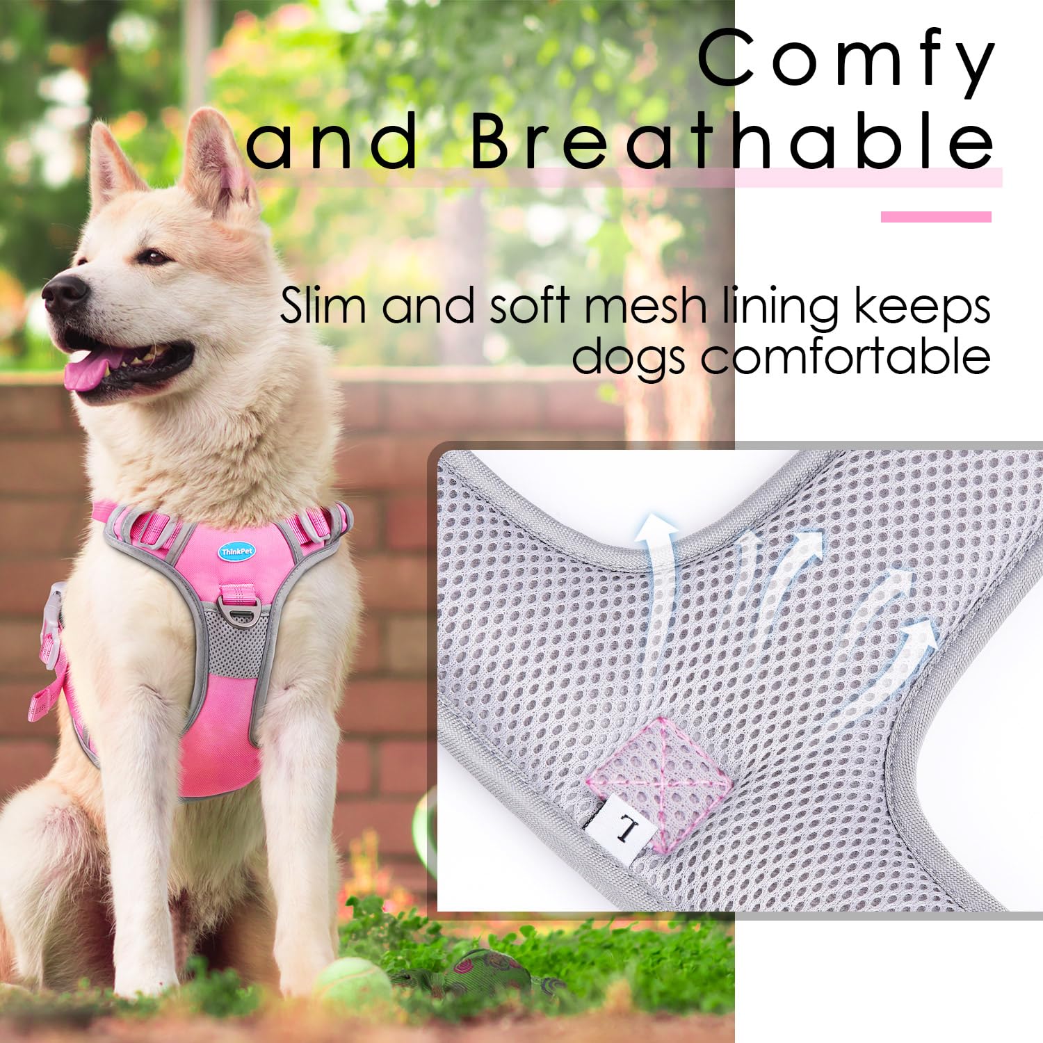 Thinkpet No Pull Harness Breathable Sport Harness With Handle-Dog Harnesses Reflective Adjustable For Medium Large Dogs,Back/Front Clip For Easy Control S Pink