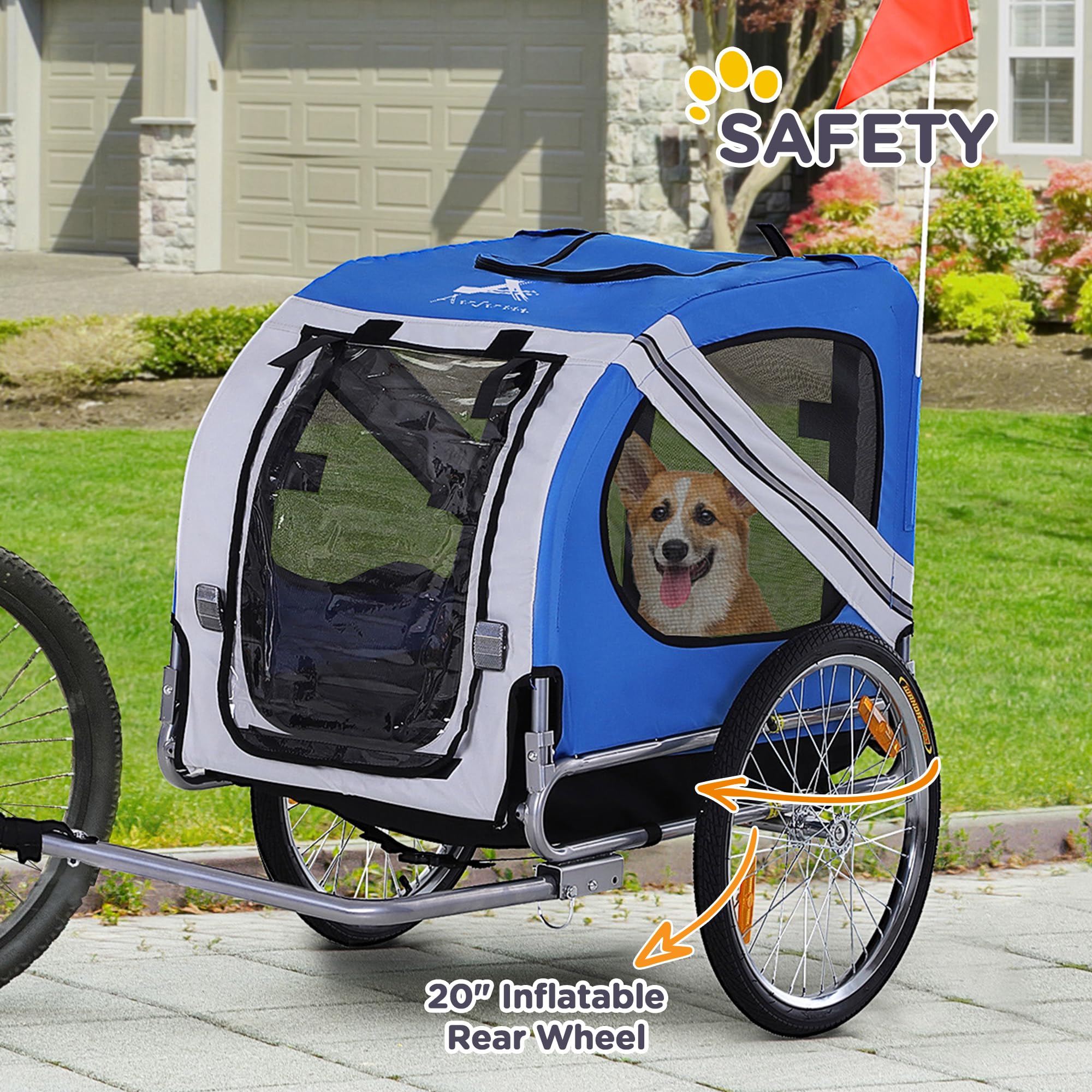 Aosom Dog Bike Trailer Pet Cart Bicycle Wagon Cargo Carrier Attachment For Travel With 3 Entrances Large Wheels For Off-Road & Mesh Screen - Light Blue/White