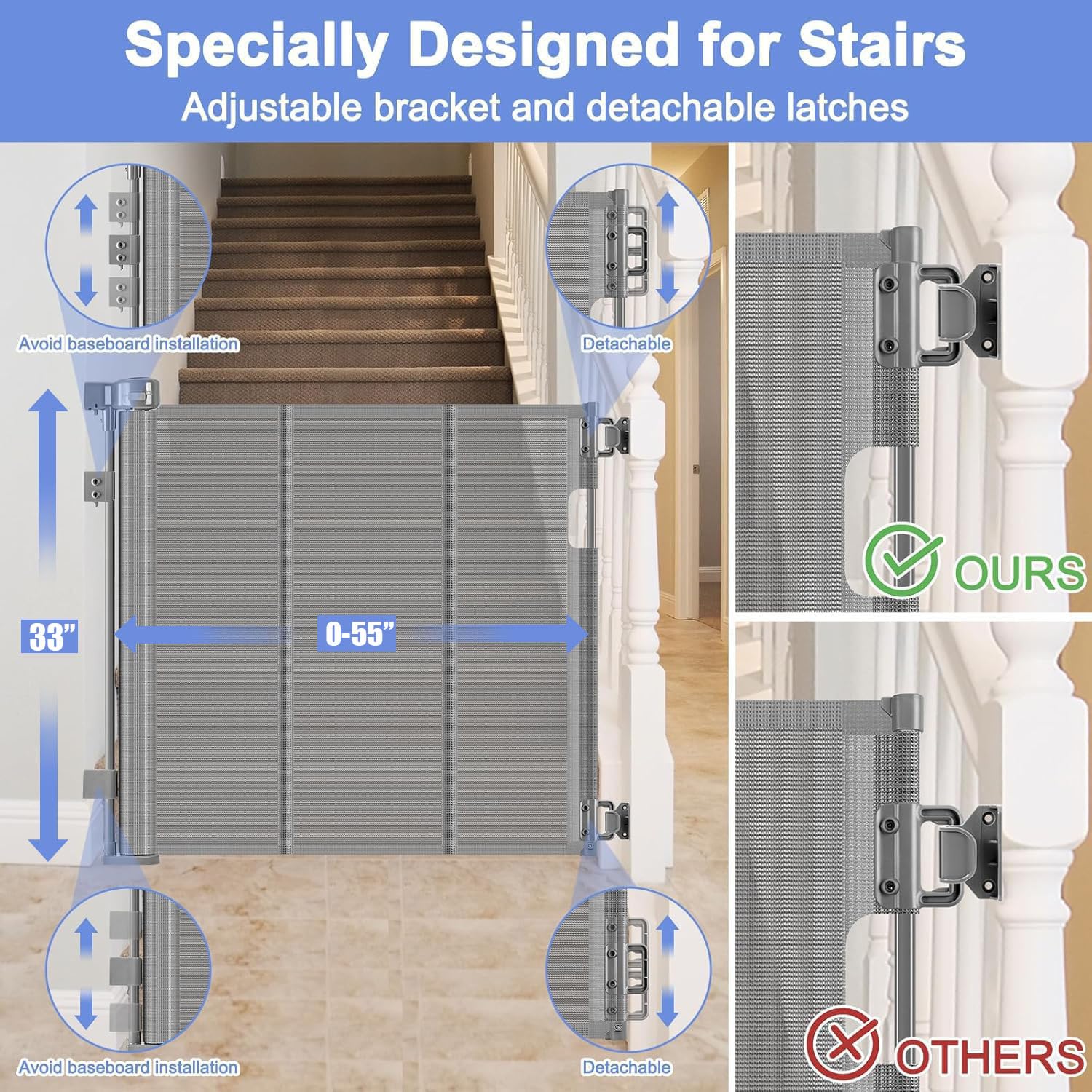 Reinforced Retractable Pet Gate for Stairs 55 Inch Retractable Baby Gates for Doorway Retractable Stair Gates for Kids or Pets R