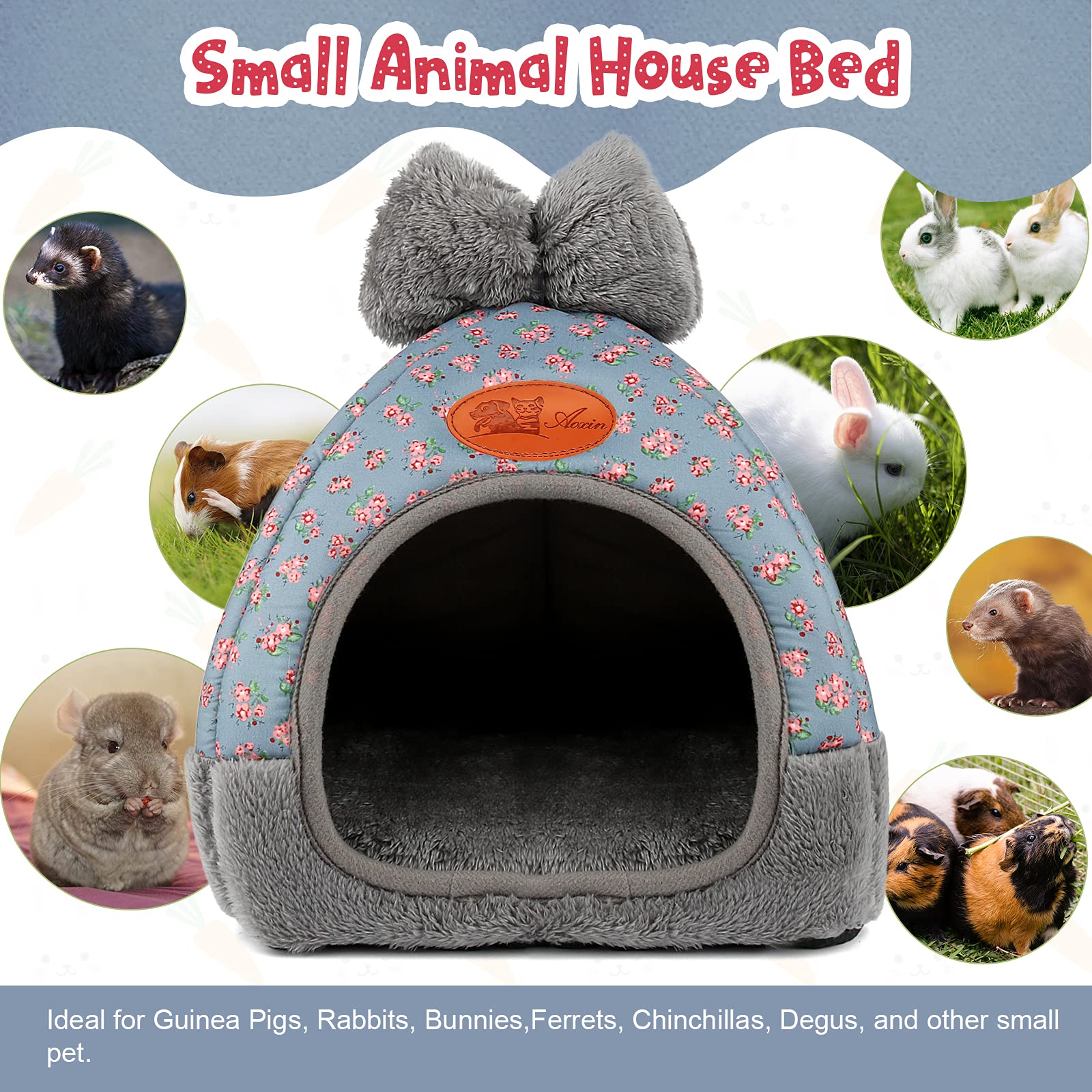 Yuepet Bunny Bed Warm Guinea Pig Cave Beds Cute Bowknot House Big Hideouts Cage Accessorie For Dwarf Rabbits Hamster Bunny Ferrets Rats Hedgehogs Chinchilla（Blue）