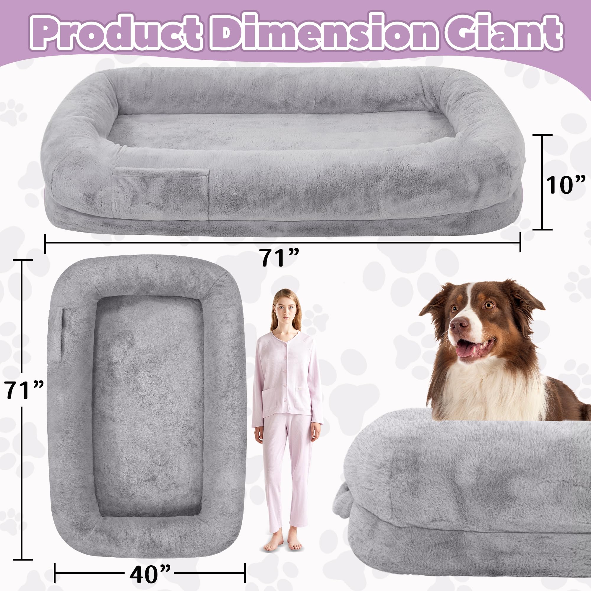 Murago Human Dog Bed For Adults, 71'' Long Human Size Dog Bed, Removable Cover, Washable, Waterproof, Orthopedic Design [Light G
