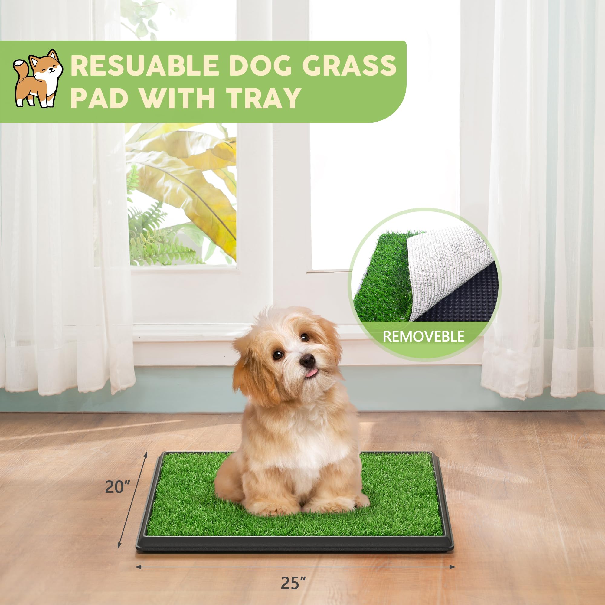Dog Grass Pad with Tray, 25'' x 20'' Dog Potty Tray Indoor Outdoor, Artificial Dog Grass Pee Pad for Pet Puppy Potty Training, P