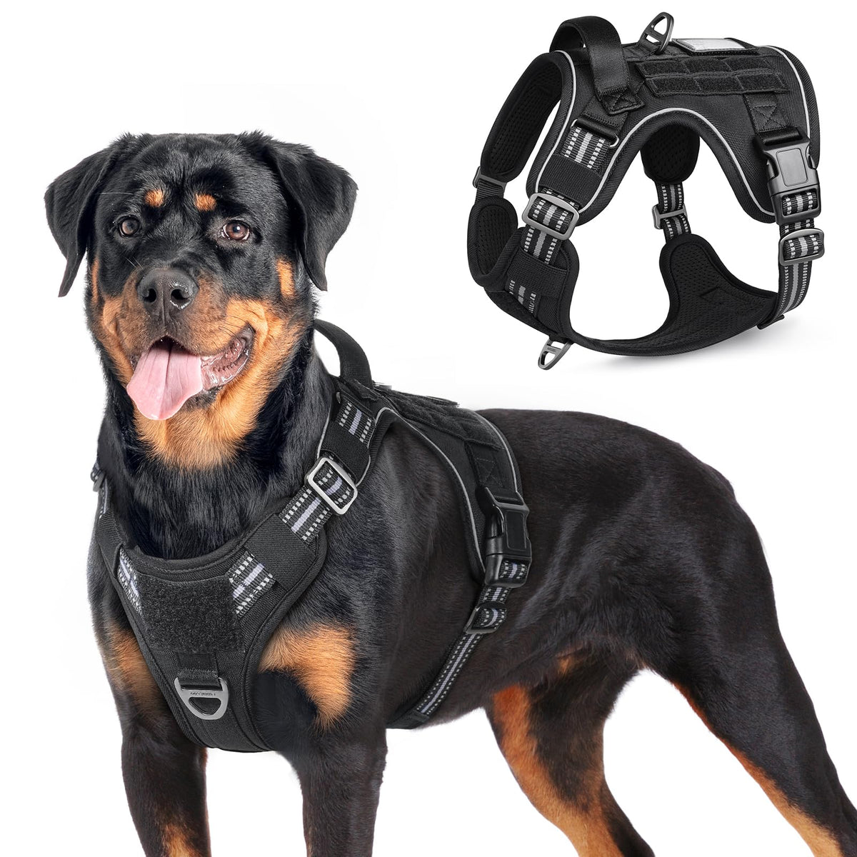 Rabbitgoo Tactical Dog Harness For Large Dogs, No Pull Military Service Vest With Handle & Molle, Easy Control For Training Walking, Adjustable Reflective Straps, Black, L