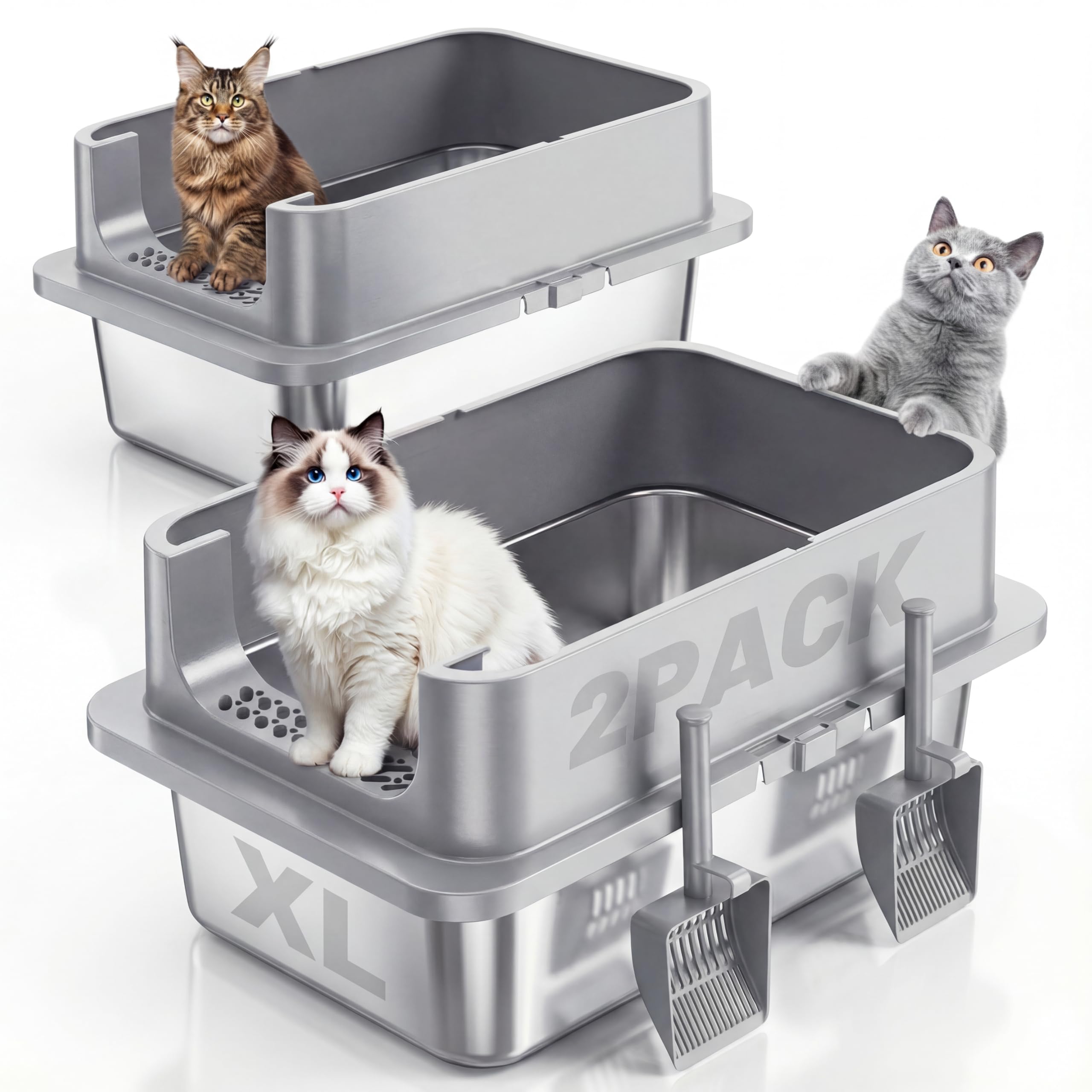 Jotesnew 2 Pack XL Stainless Steel Cat Litter Box with Lid and High Sides, 24 L x 16 W x 12 H Extra Large Metal Cat Litter Boxes