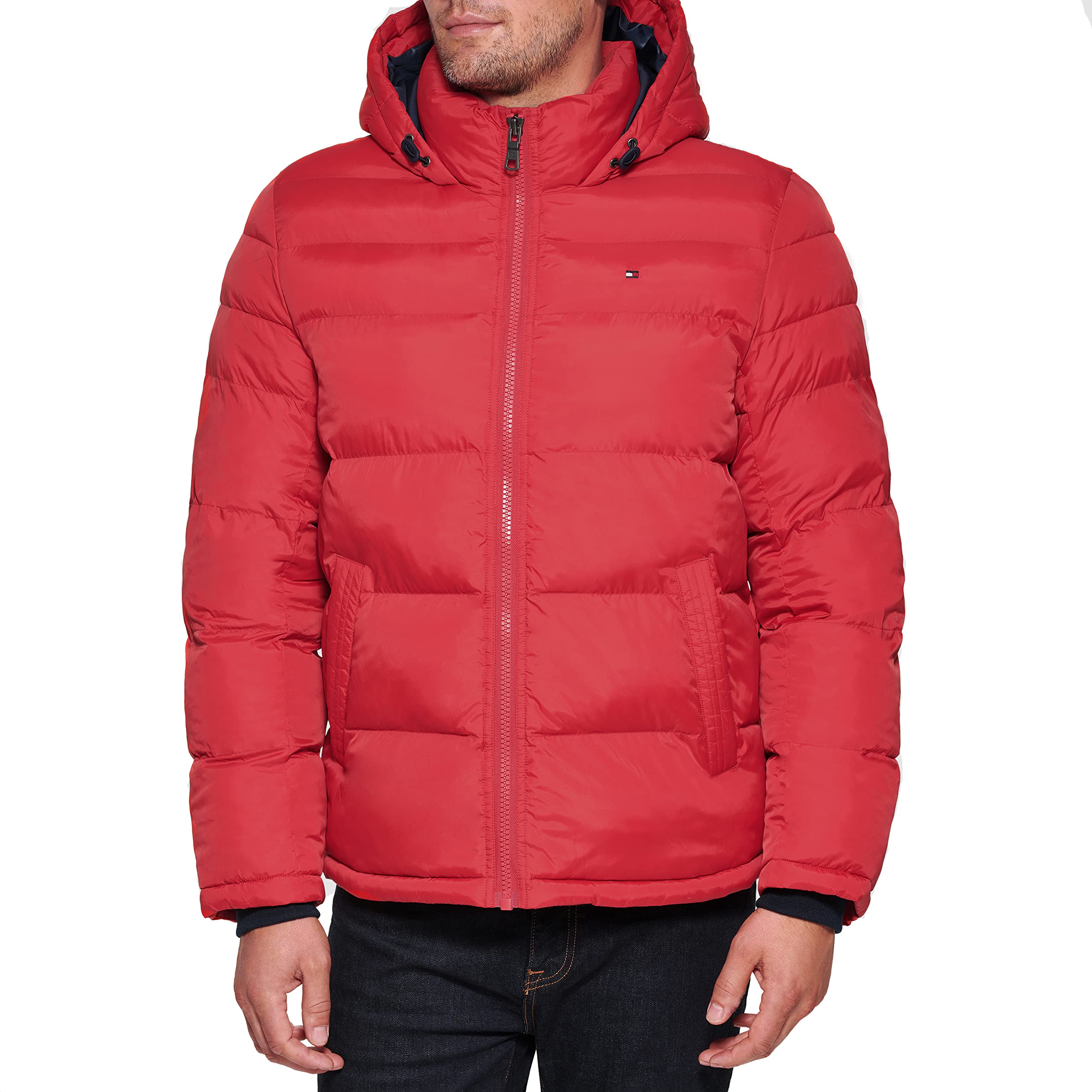 Tommy Hilfiger Mens Hooded Puffer Jacket, Red, Medium