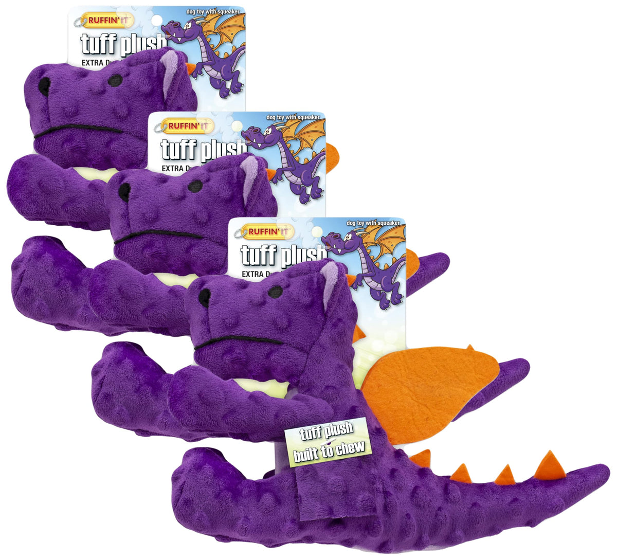 Ruffin' It Tuff Stuffed Plush Dragon Dog Toy (Pack Of 3)