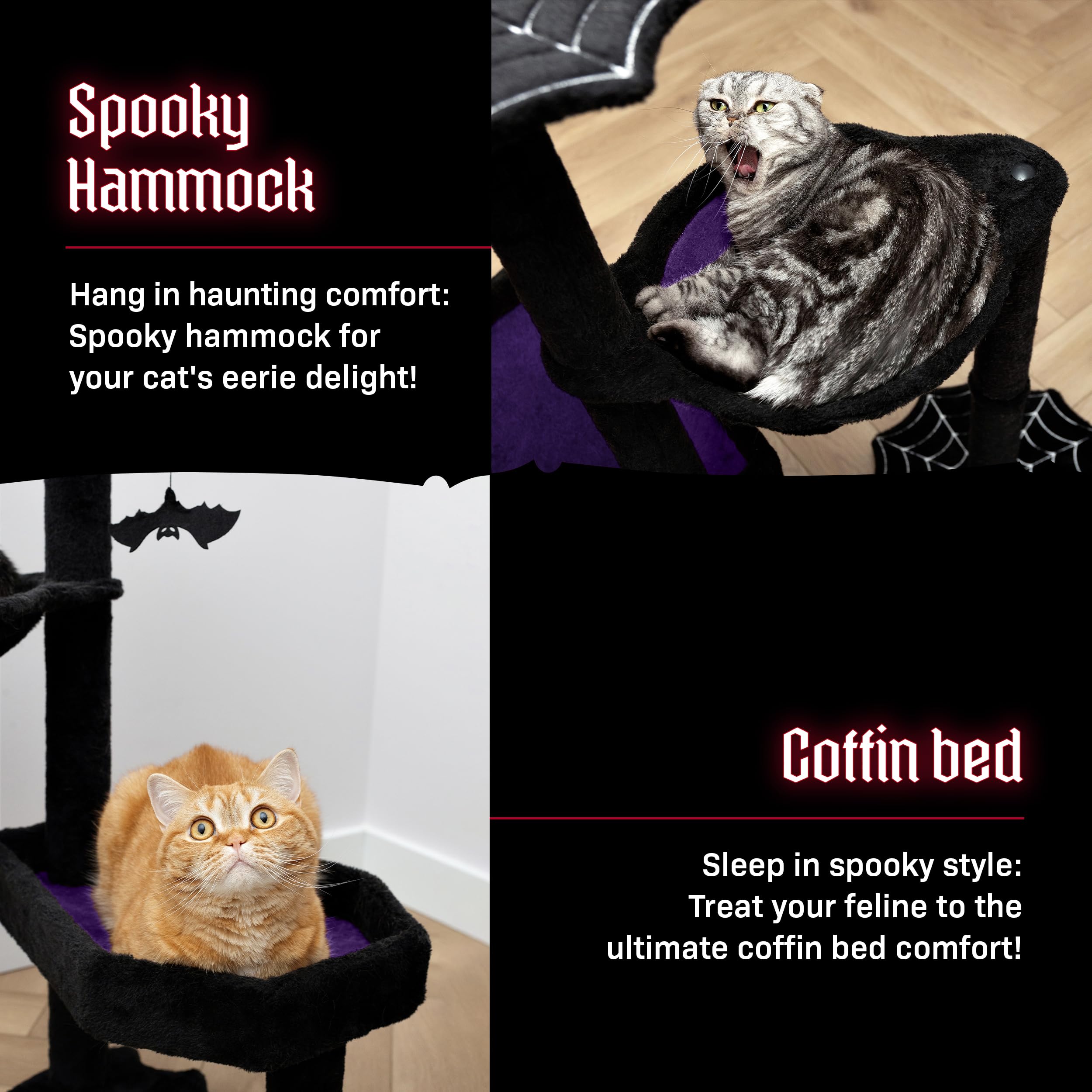 Littlesy Gothic Cat Tree With Coffin Cat Bed, Hammock, Spider & Bat Goth Cat Toys - 35 Inch Tall Coffin Cat Tree With Luxurious