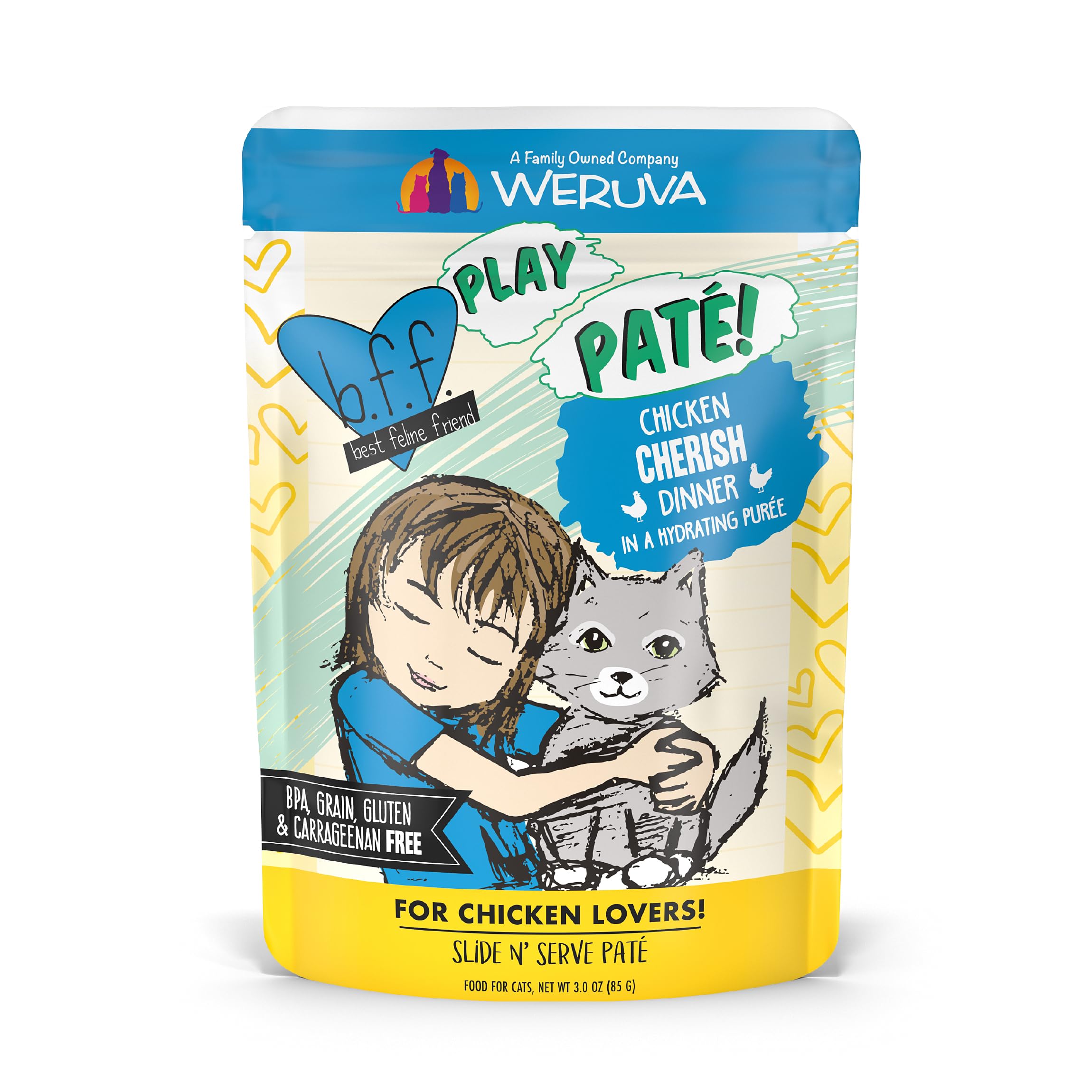B.F.F. PLAY - Best Feline Friend Pat   Lovers, Aw Yeah!, Chicken Cherish with Chicken, 3oz Pouch (Pack of 12)
