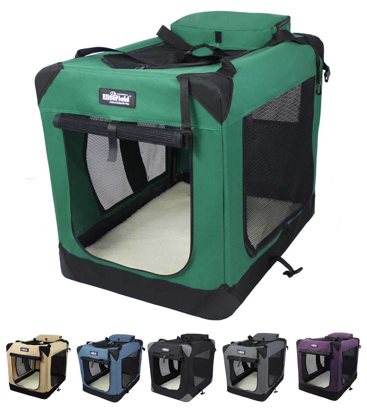 Elitefield 3-Door Folding Soft Dog Crate With Carrying Bag And Fleece Bed (2 Year Warranty), Indoor & Outdoor Pet Home (30' L X 21' W X 24' H, Green)