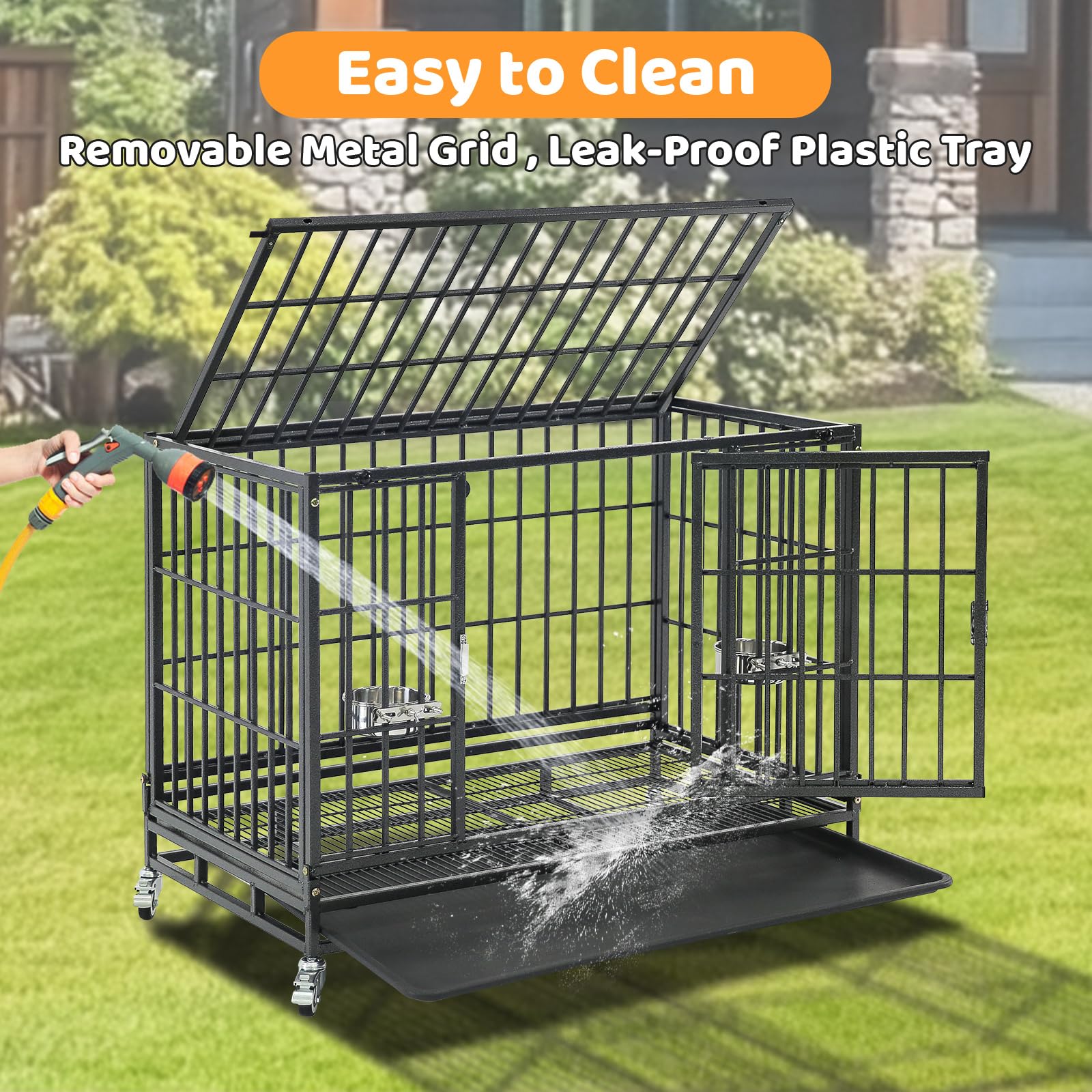 Homey Pet 37 Inch Heavy Duty Dog Crate For Medium Dogs, Stackable Dog Cage With Four Lockable Wheels, Removable Tray & Grid, Ope