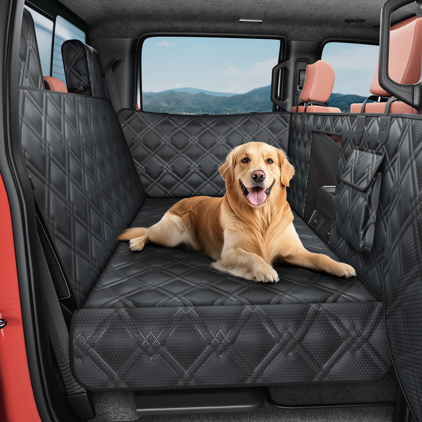Surfcabin Truck Back Seat Extender For Dogs - Waterproof Full Size Pickup Pet Seat Cover With Door Protection, Hard Bottom Holds