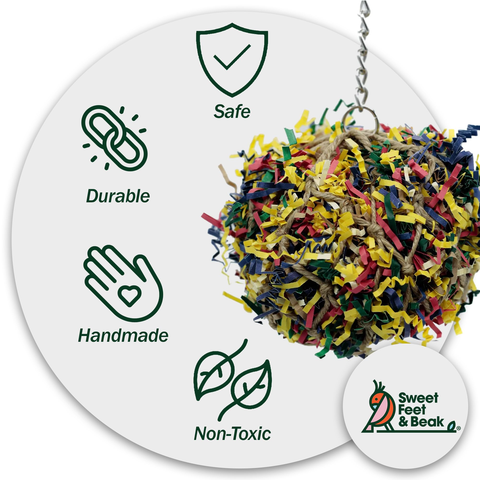 Sweet Feet And Beak Super Shredder Ball - Bird Cage Accessories To Keep Your Bird Busy Foraging For Hidden Treasures - Non-Toxic, Easy To Install Bird Foraging Toys For Medium Sized Birds - 5 Inch