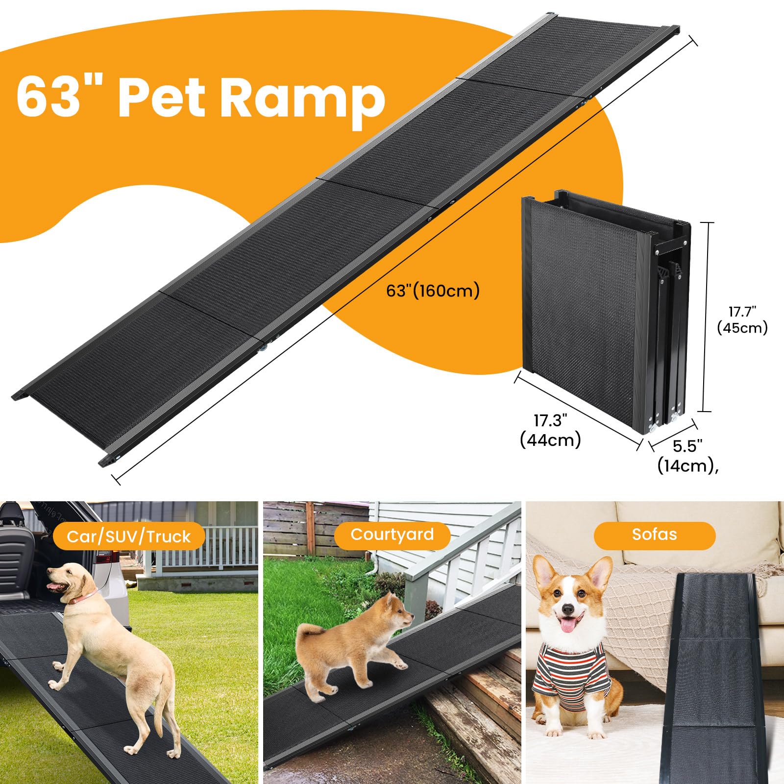 Dog Ramp, Dog Ramp for Car with Anti-Slip Surface, 63 ' 'x17.3 ' ' Folding Pet Ramp for Large Dogs to Get on Truck SUV Van Up to