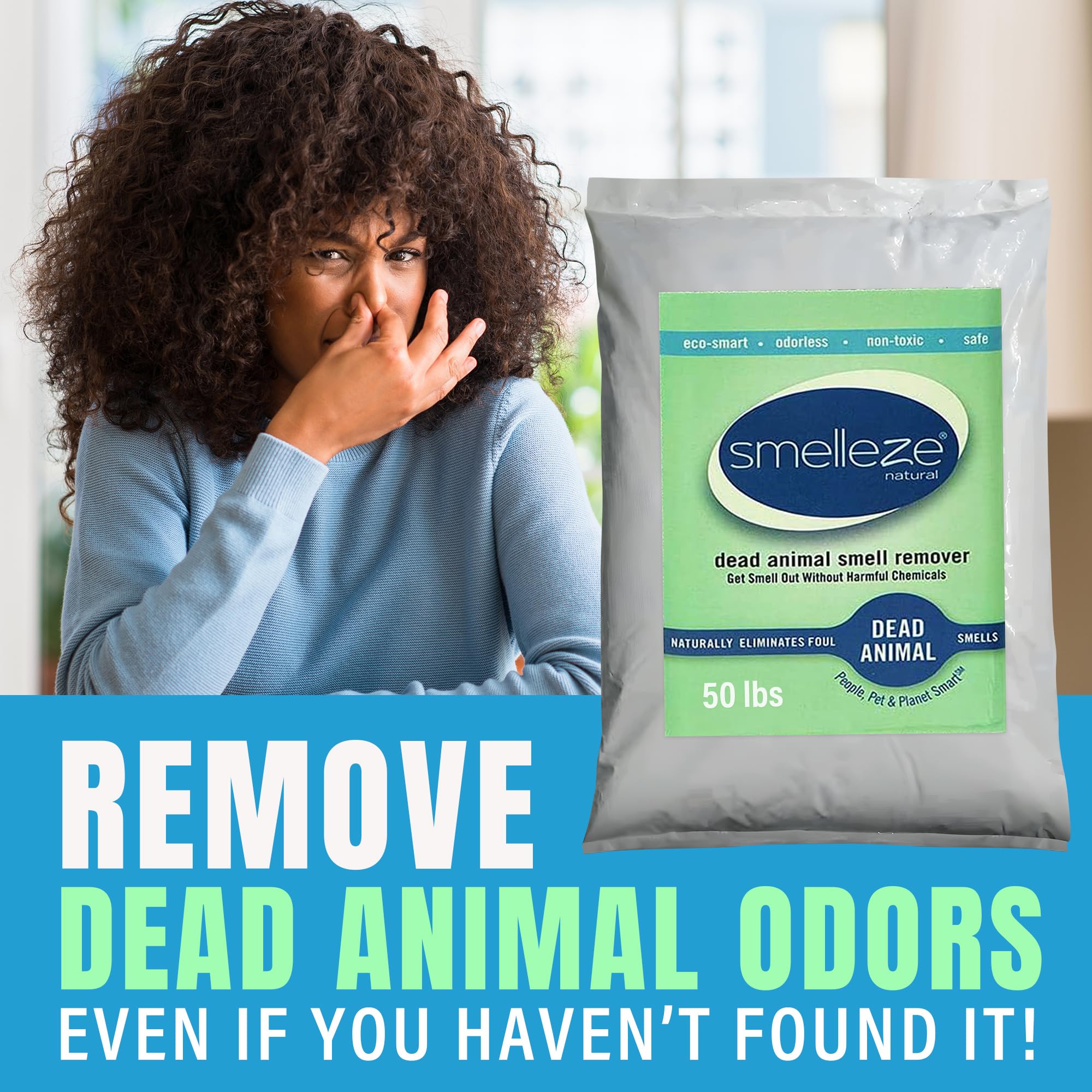 Smelleze Dead Animal Odor Eliminator - Strong Odor Removal - Natural & Safe Indoor & Outdoor Use - Granules, 50 Lbs.