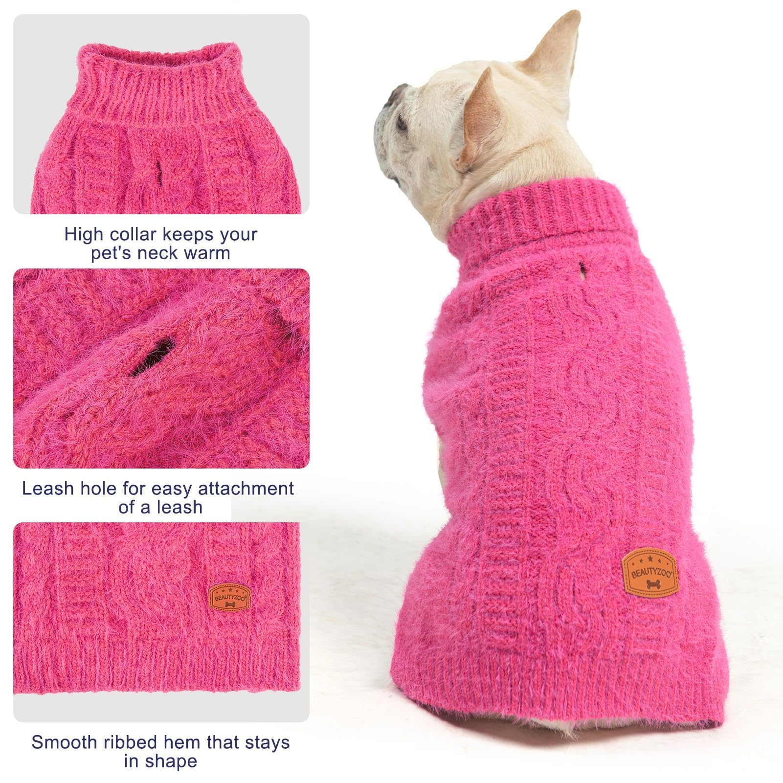 Beautyzoo Small Dog Sweater -Turtleneck Knitted Dog Sweaters For Dogs Puppy Girls Boys, Winter Dog Clothes Cable Knitwear With L