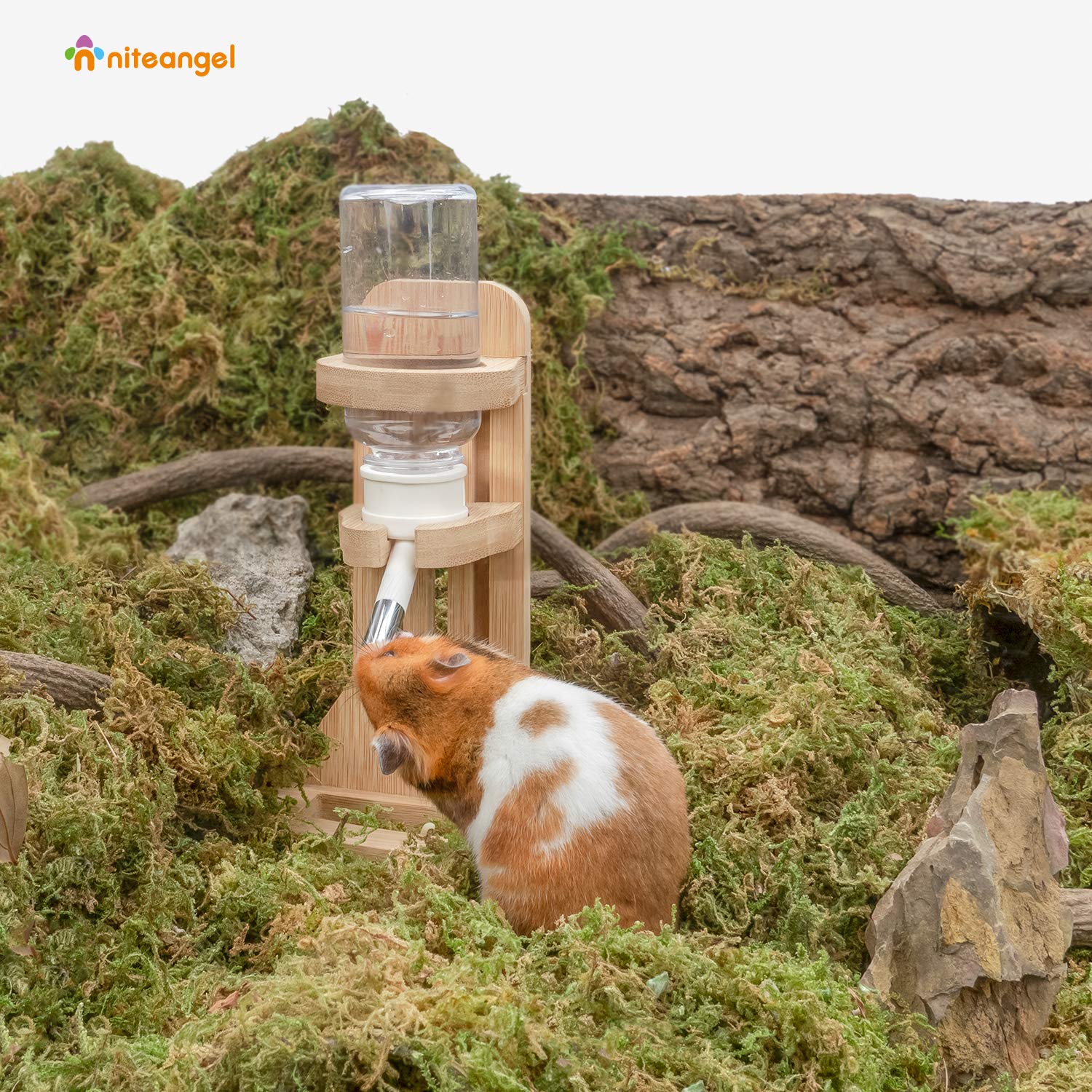 Niteangel White Water Bottle with Stand for Syrian Dwarf Hamsters, Gerbils, Mice, Rats & Degus - Small Pet Rodent Accessory