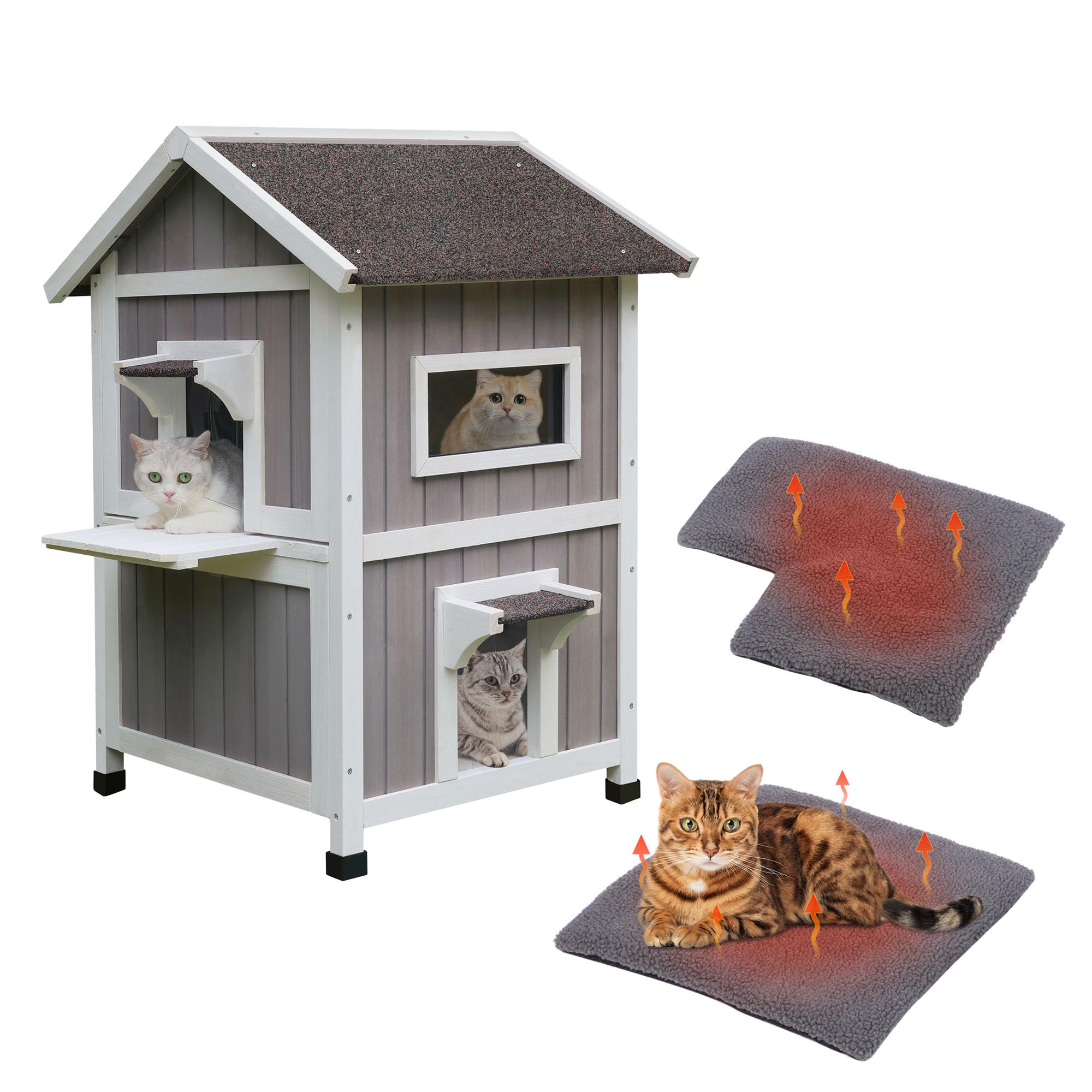 Hicaptain Outdoor Cat House For Outdoor Cats, Large Outside Weatherproof Feral Cat Shelter Fot Multiple Cats, Unique Wooden Cat 