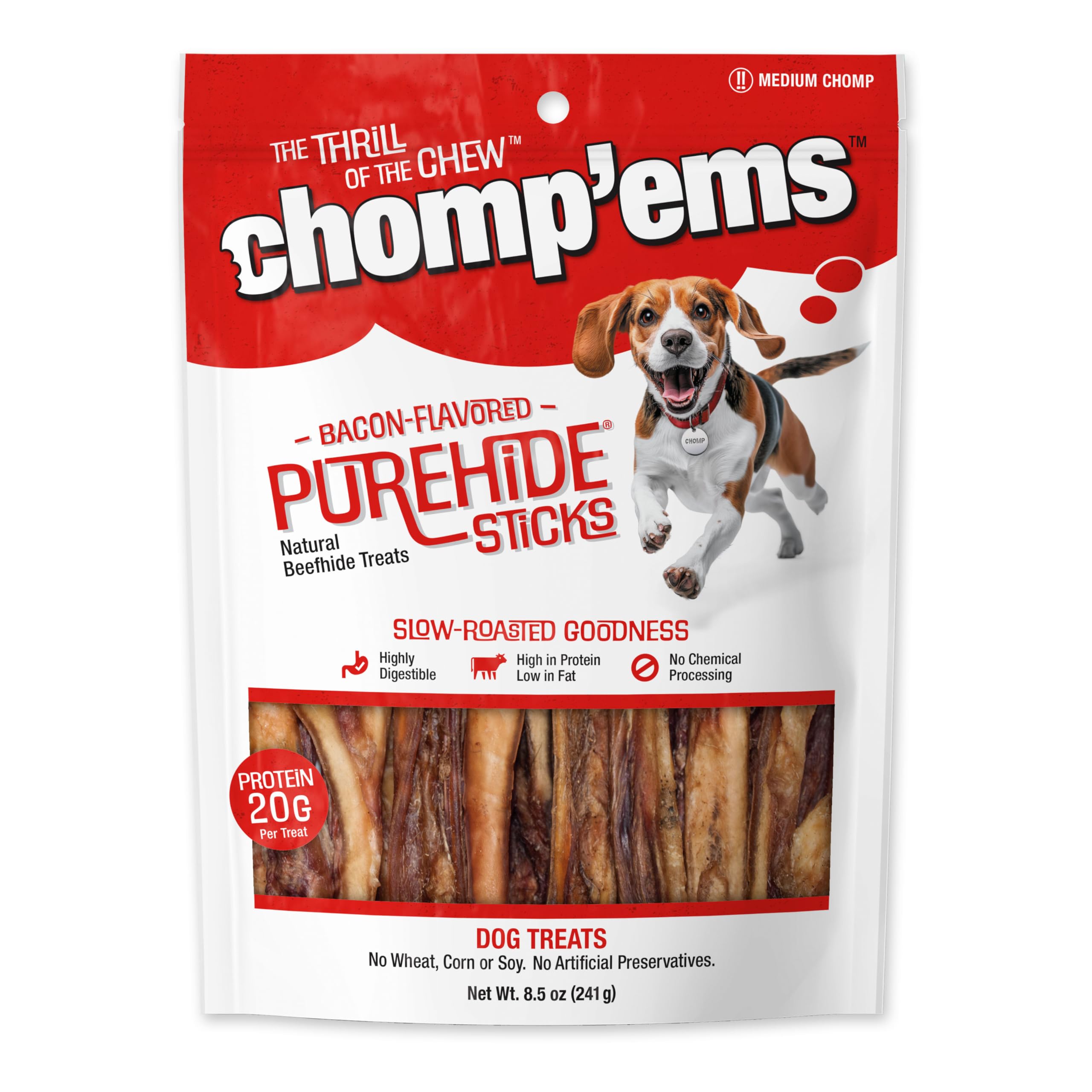 CHOMP EMS Purehide Chews - Slow Roasted Naturally Delicious Rawhide Dog Treats - High Protein Beef Hide - Bacon Flavor, Sticks,