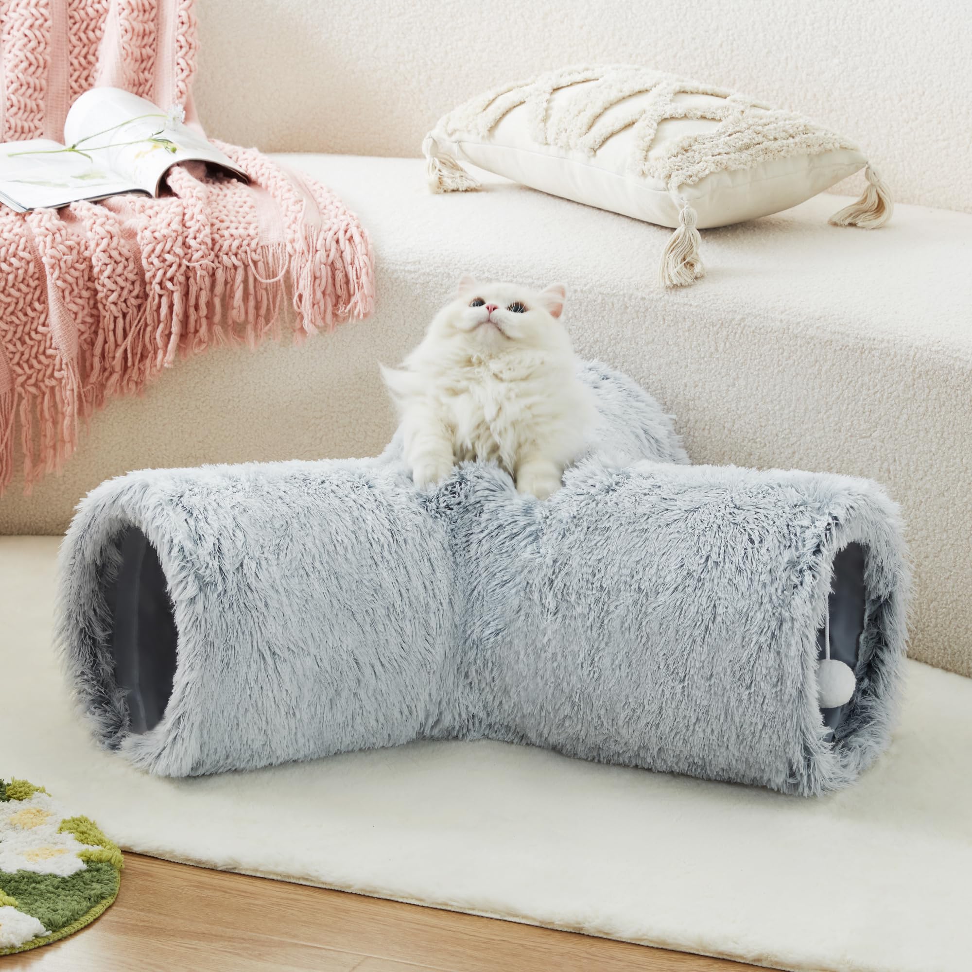 Tempcore Plush Pet Cat Tunnel Tube Cat Toys 3 Way Collapsible, Cat Tunnels For Indoor Cats,Kitty Tunnel Bored Cat Pet Toys Peek Hole Toy Ball Cat, Puppy, Kitty, Kitten, Rabbit Light Grey