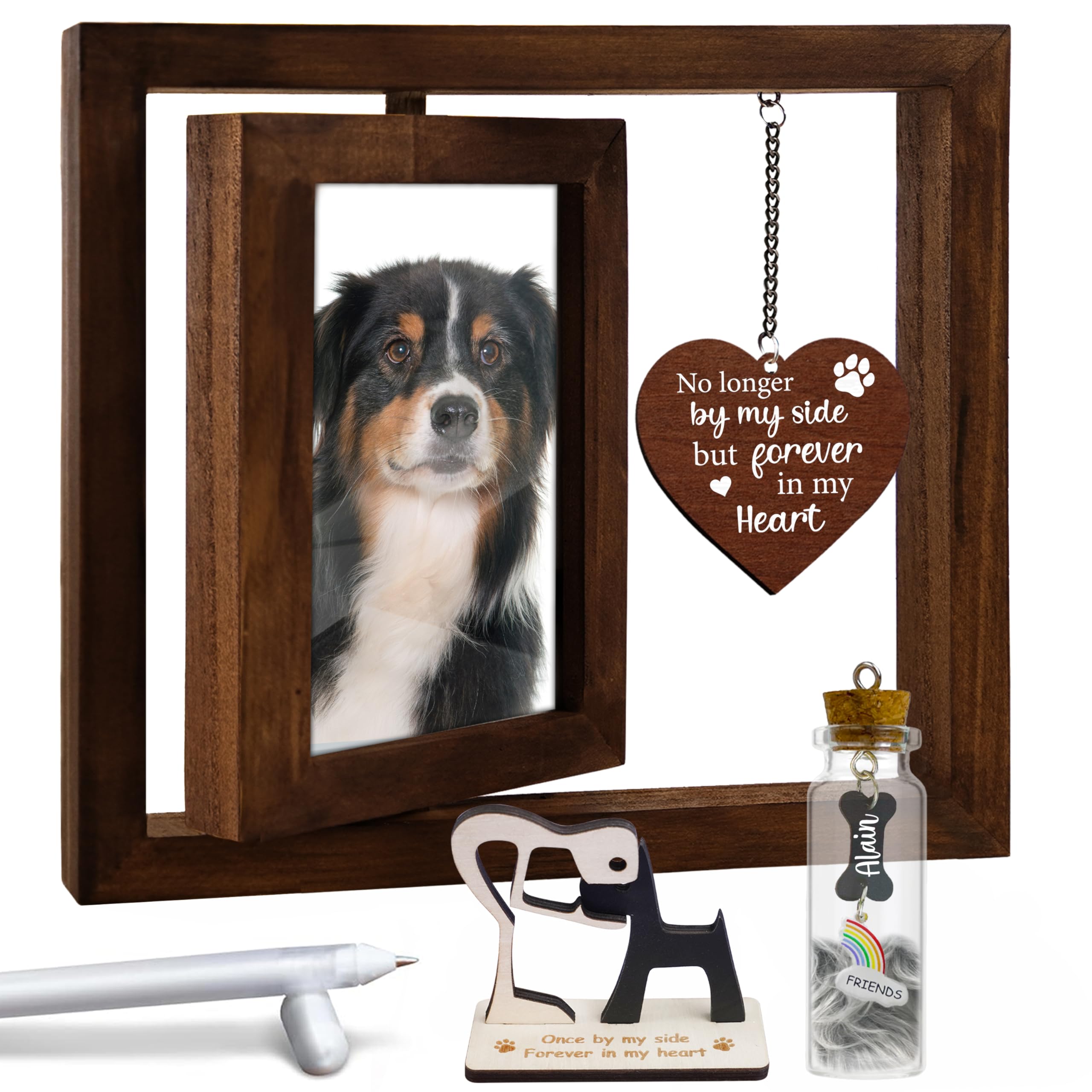 Pet Memorial Gift For Dogs Cats, Rustic 360 Rotating Picture Frame 6X4 Photo, Pet Hair Keepsake Fur Jar Rainbow Bridge No Longer
