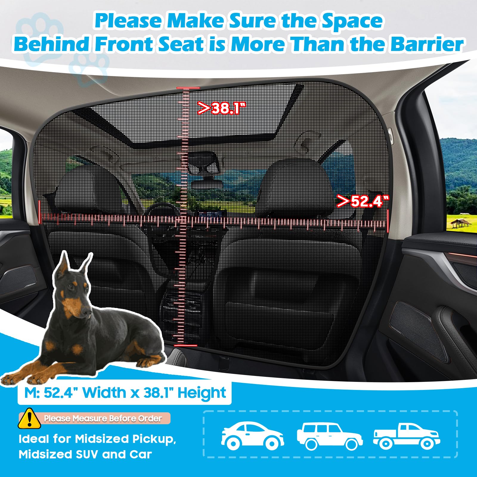 Automiim Dog Car Barrier Behind Front Seat, 52.4'' Wide Car Pet Barrier One-Piece Design, Dog Car Divider Back Seat Barrier For