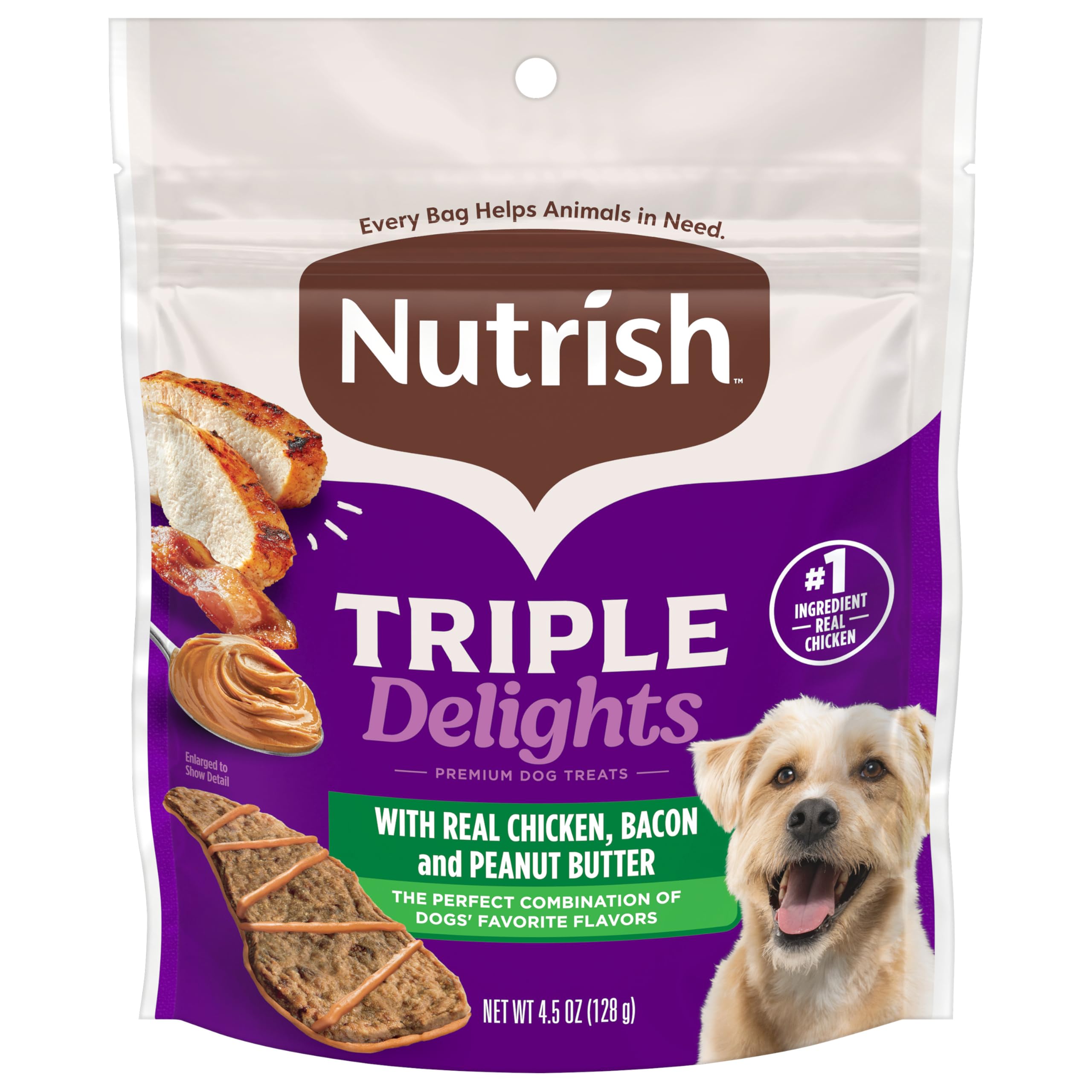 Nutrish Triple Delights Premium Dog Treats for Dogs of All Sizes with Real Chicken, Bacon, and Peanut Butter, 28 oz. Pouch