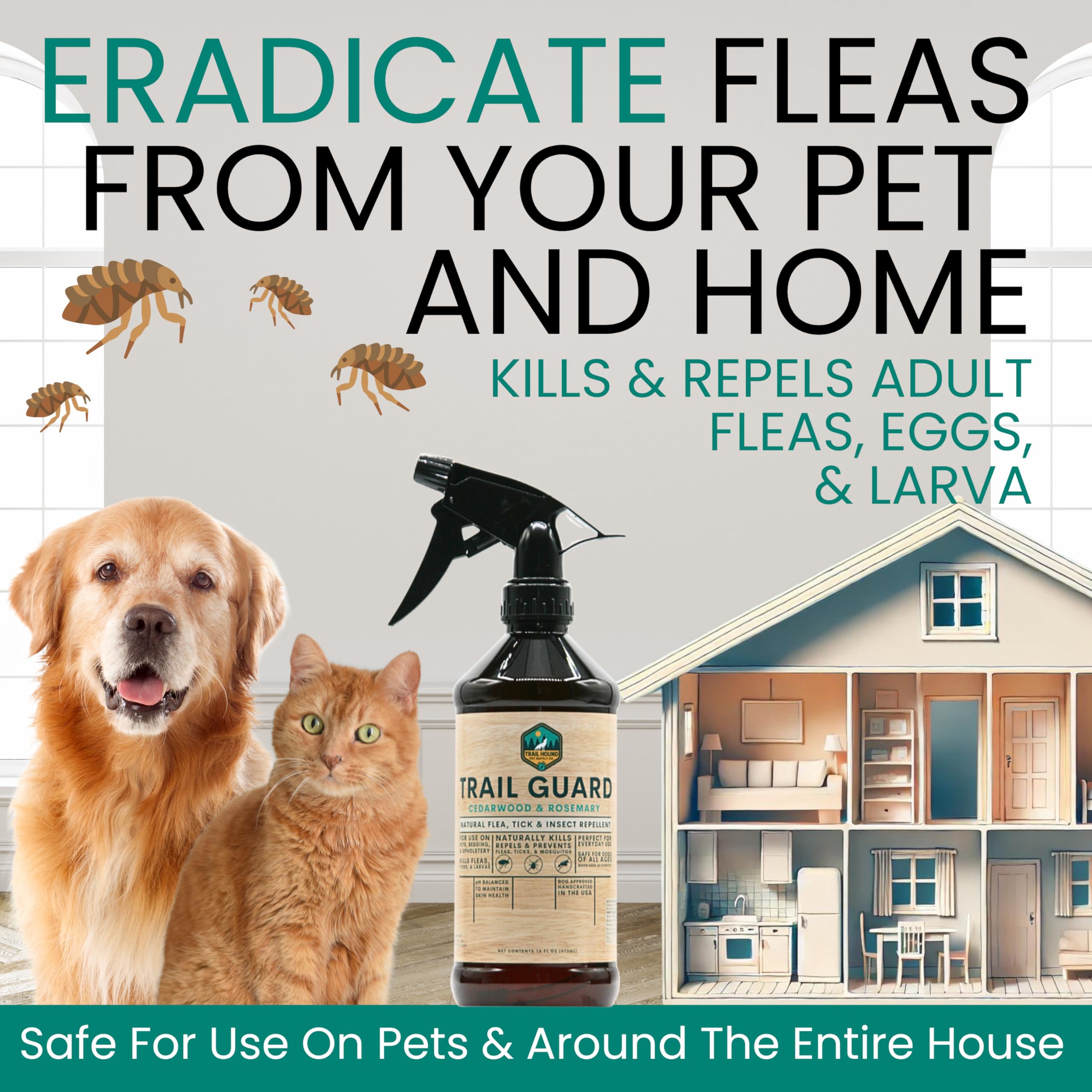 Trail Guard Natural Extra Strength Insect, Flea and Tick Spray for Dogs, Cats, People & Home - 16oz Plant-Based Insect & Tick Re