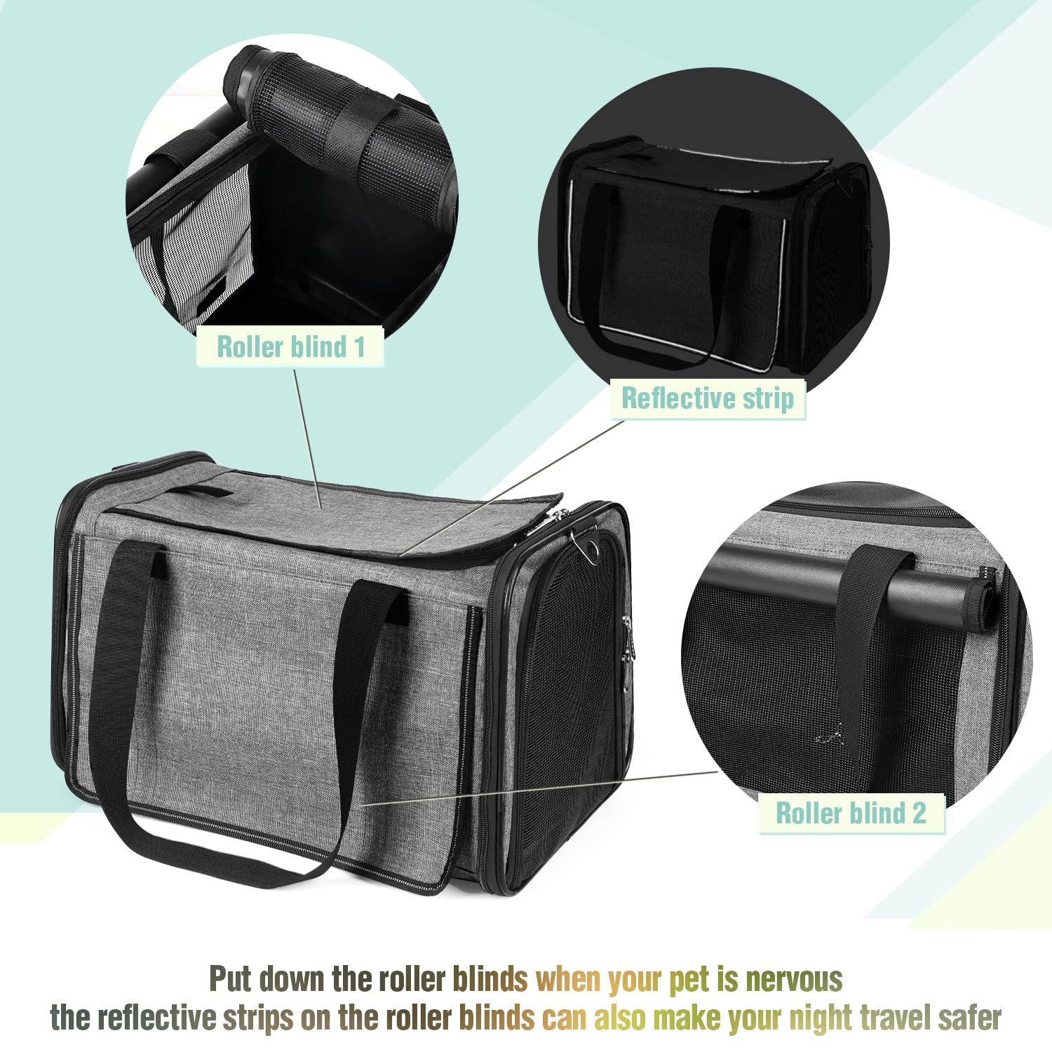 Yudodo 25 Lbs Lightproof Pet Carriers Airline Approved Dog Cat Travel Soft Sided Carrier Reflective Mesh Safe Pet Cat Carrier Foldable Portable Small Animal Rabbit Puppy Cat Carrier Grey Green