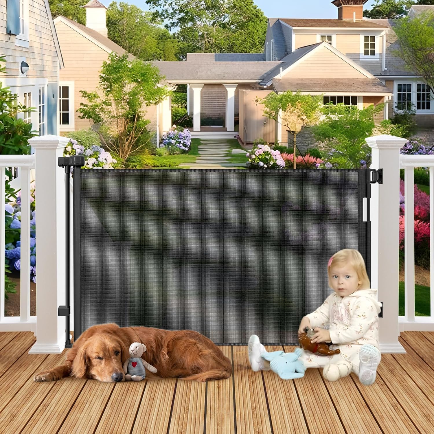 Weatherproof Outdoor Retractable Baby Gates for Decks with No Rust Screws and Rods, 72 Wide Waterproof Outdoor Baby Gate, 6 ft S