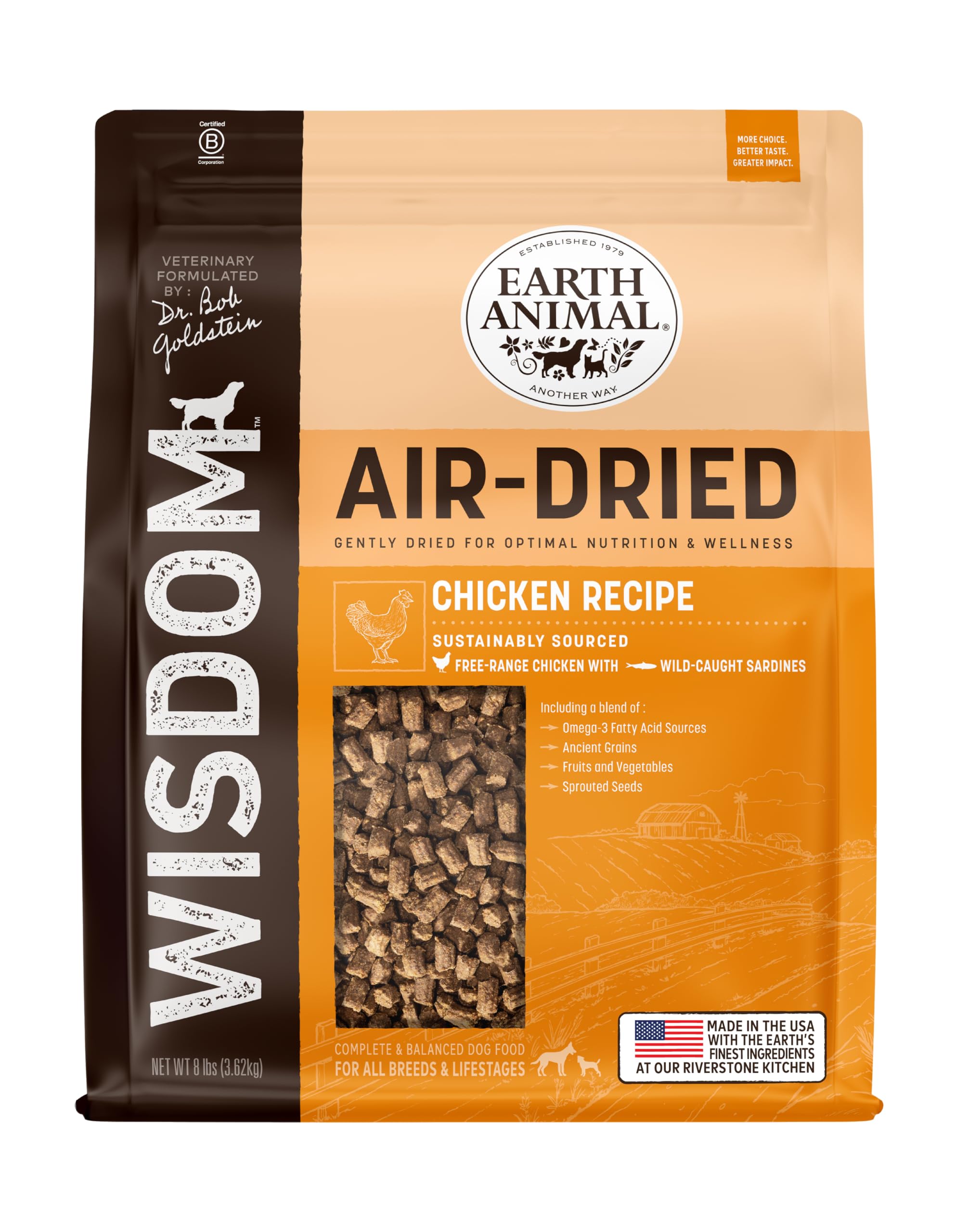 Earth Animal Wisdom Air Dried Dog Food - Chicken Recipe Premium Natural Dry Dog Food for All Breeds & Ages - 8 Lbs Bag