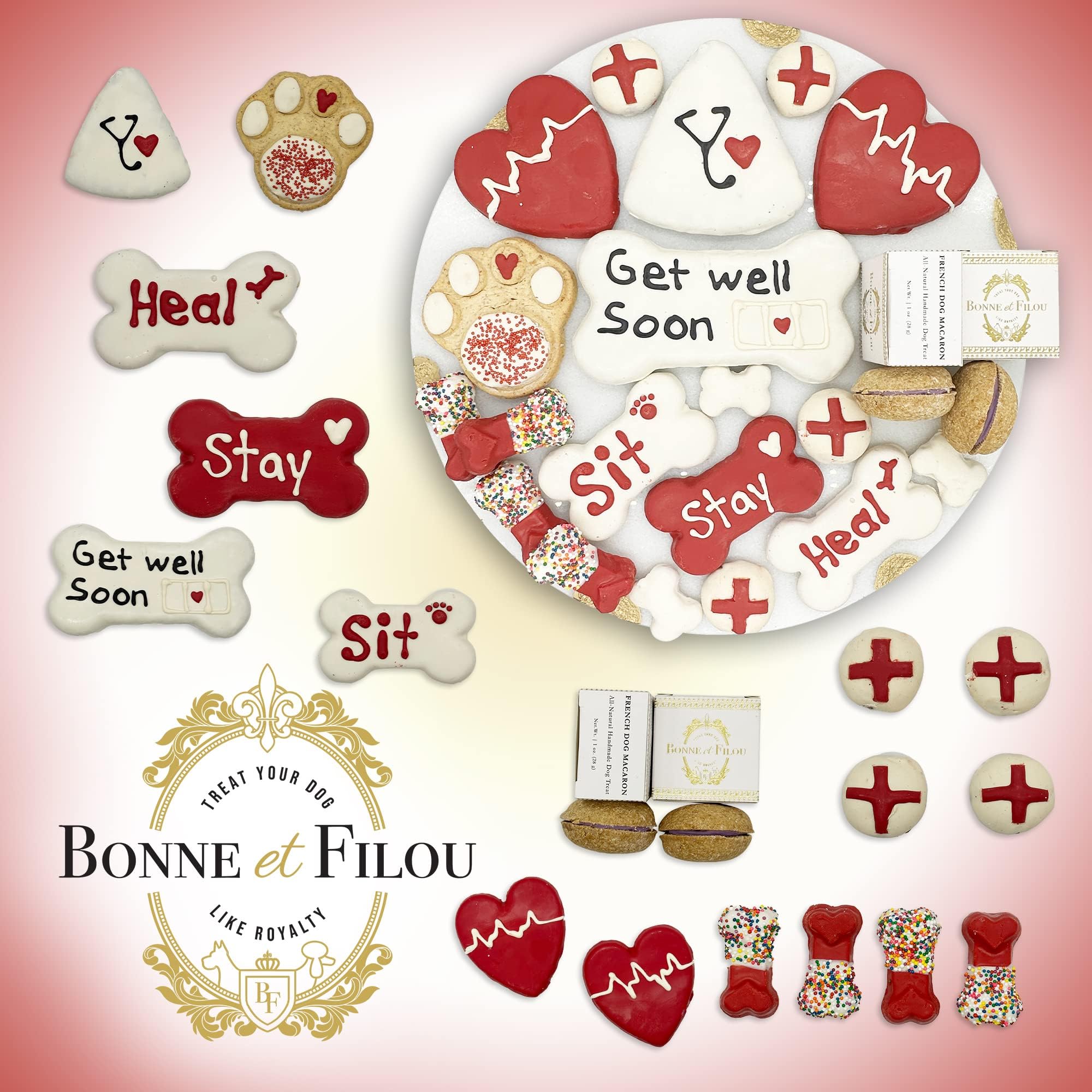 Bonne et Filou Get Well Soon Dog Treats, Gourmet Gift Box, 21 Luxury Macarons, Truffles & Bone Cookies, Healthy & Delicious Snac