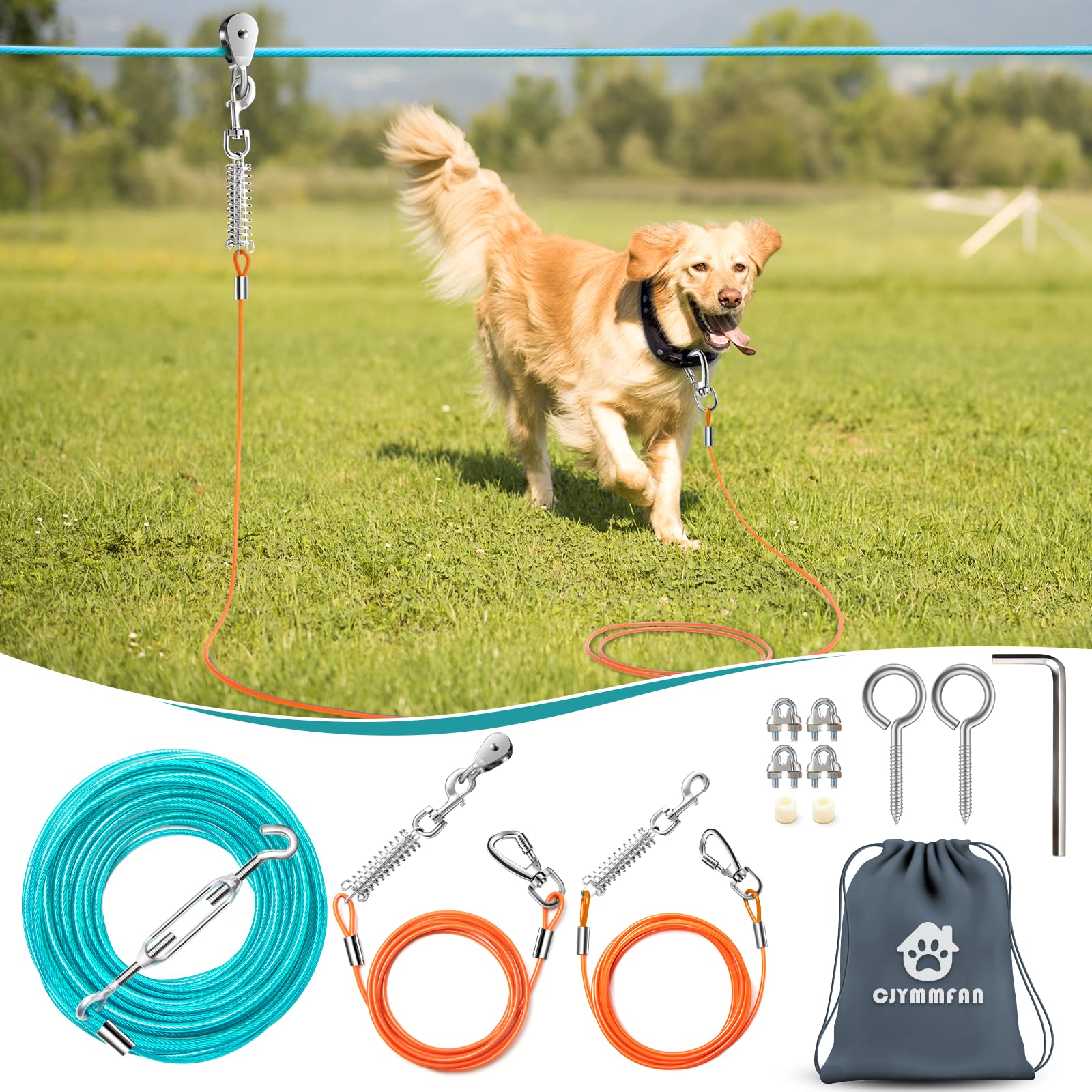 Professional Dog Runner Trolley System,Heavy Duty & Adjustable 200Ft Dog Zip Line With 10Ft & 15Ft Tie Out For Large Dogs Up To 