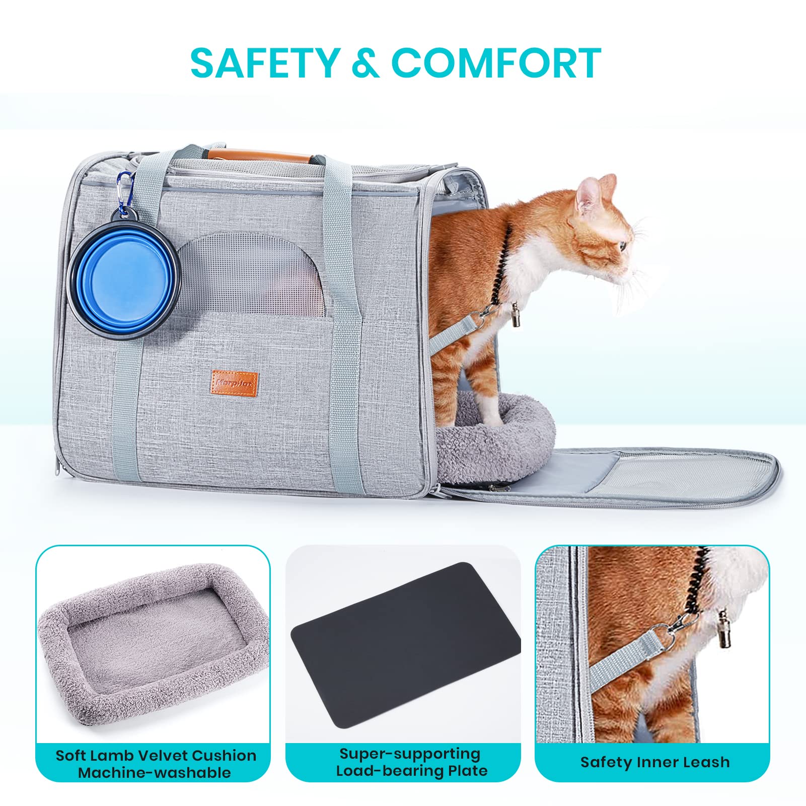 Morpilot Portable Cat Carrier - Soft Sided Cat Carrier For Medium Cats And Puppy Up To 15Lbs, Pet Carrier With Locking Safety Zippers, Foldable Bowl, Airline Approved Travel Dog Carrier - Light Gray