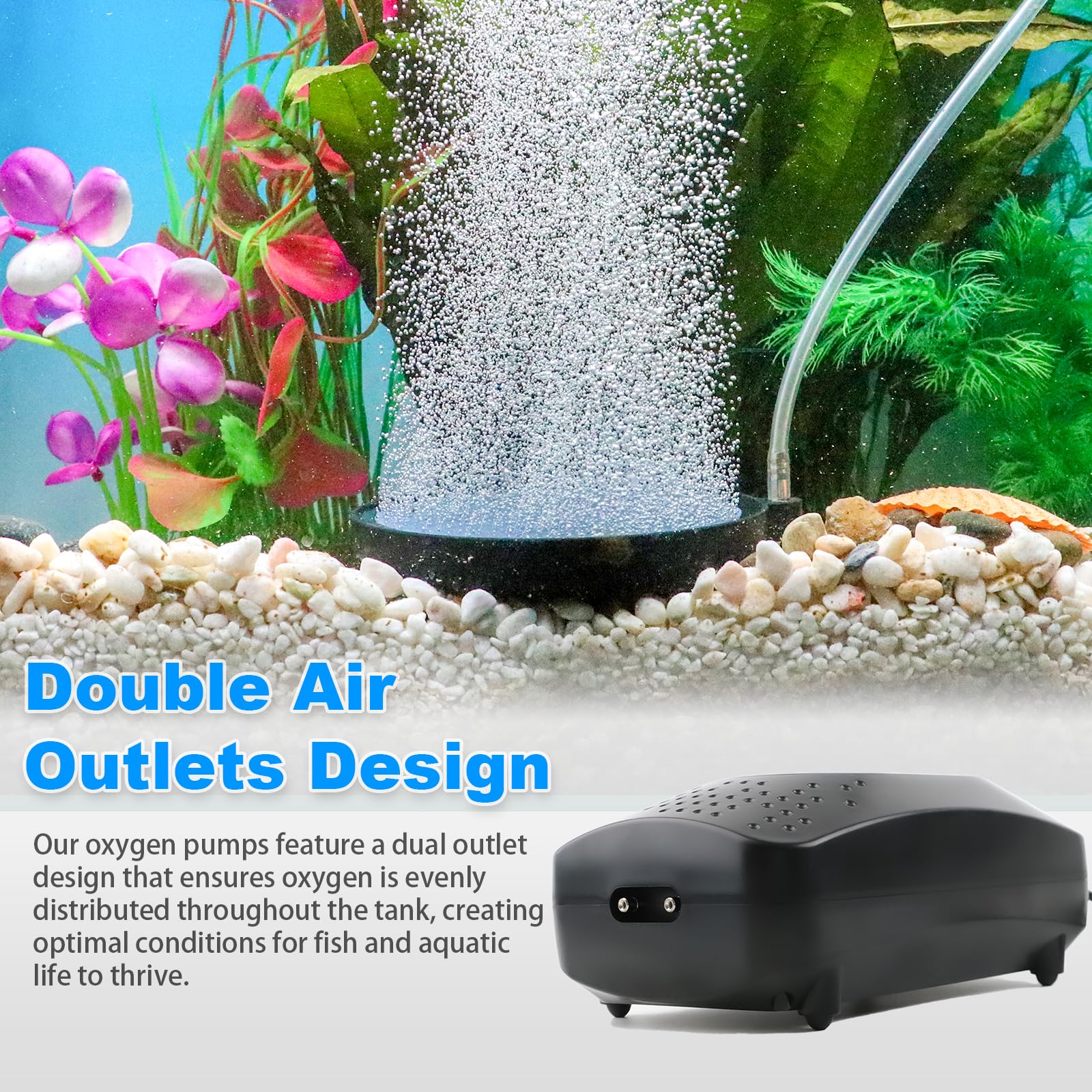 Providing a Comfortable Oxygen Massage for Fish,12W Dual-Outlet Ultra-Quiet Aquarium Air Pump - Adjustable Flow Rate, Suitable f