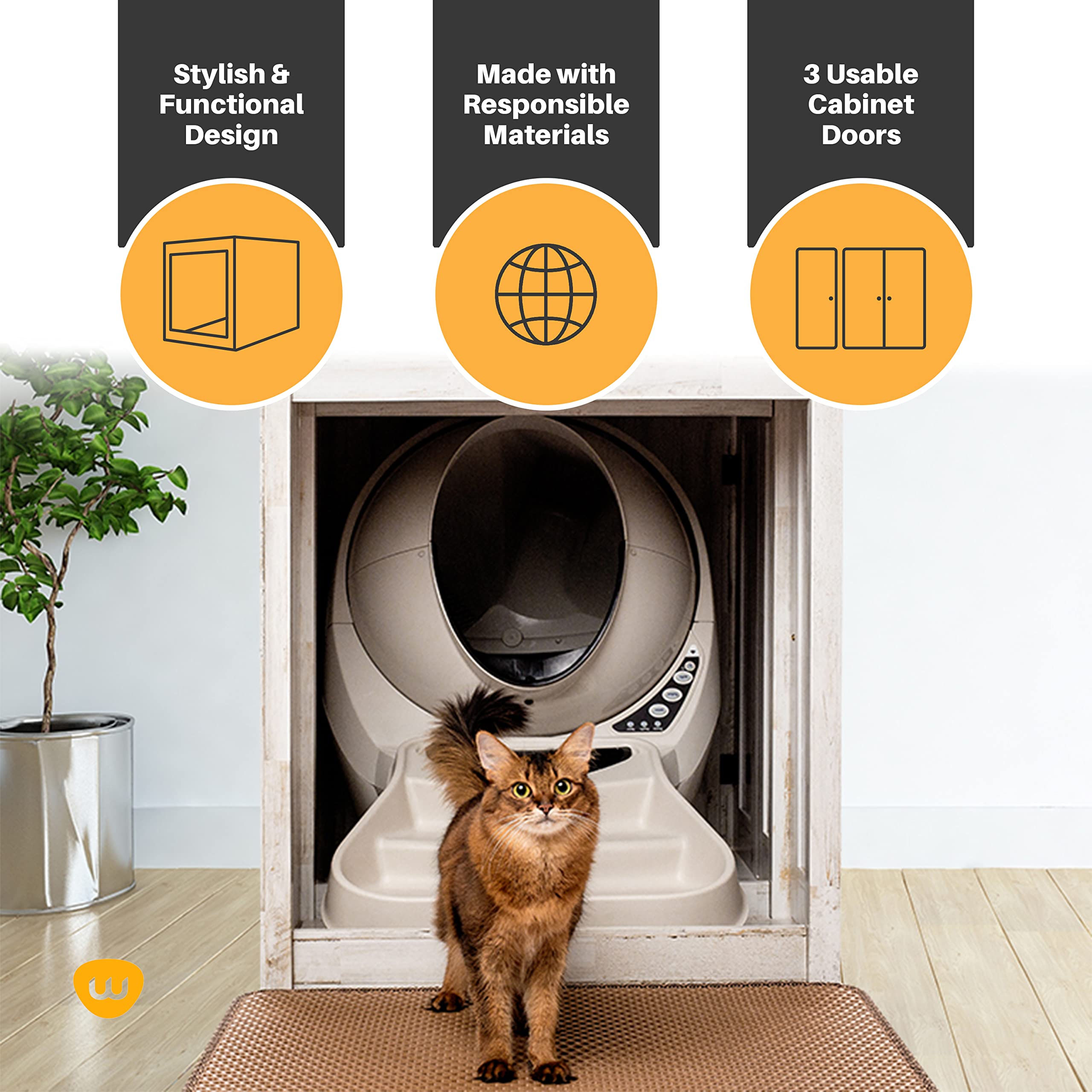 Whisker Litter-Robot Credenza With Litter Box Enclosure, Rustic White Plank Finish, 43.2    W X 28.1    D X 33.1    H, Stylish A