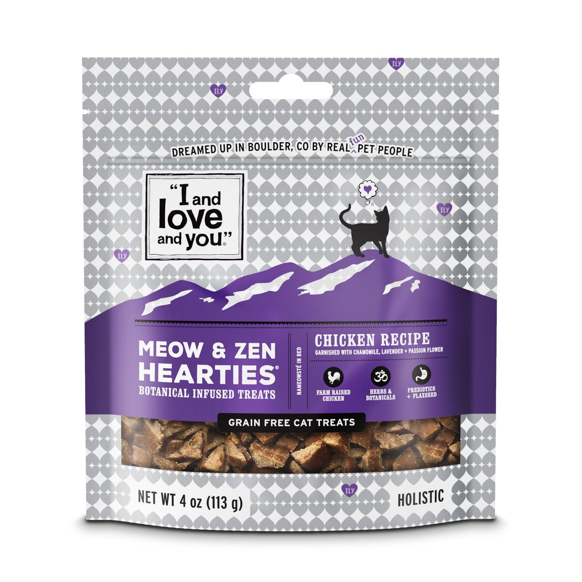 I And Love And You Meow & Zen Hearties Cat Treats - Chicken- Grain Free, Omega 3 & 6, Prebiotics, Filler Free, 4Oz Bag