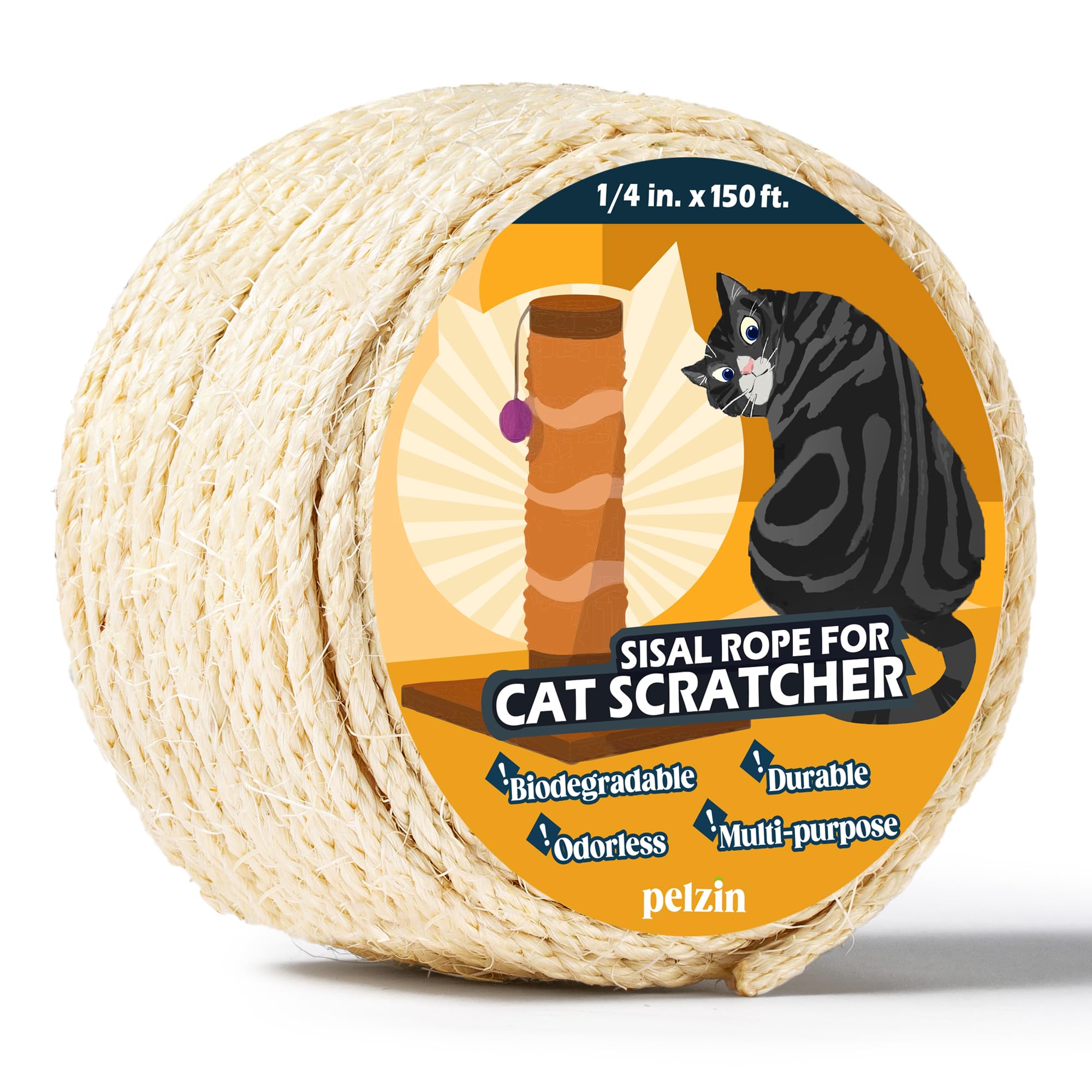 Pelzin Natural Sisal Rope for Cat Scratcher 1/4 Inch by 150 Feet, Cat Tree Rope Twine for Cat Scratching Post Replacement, Cat T
