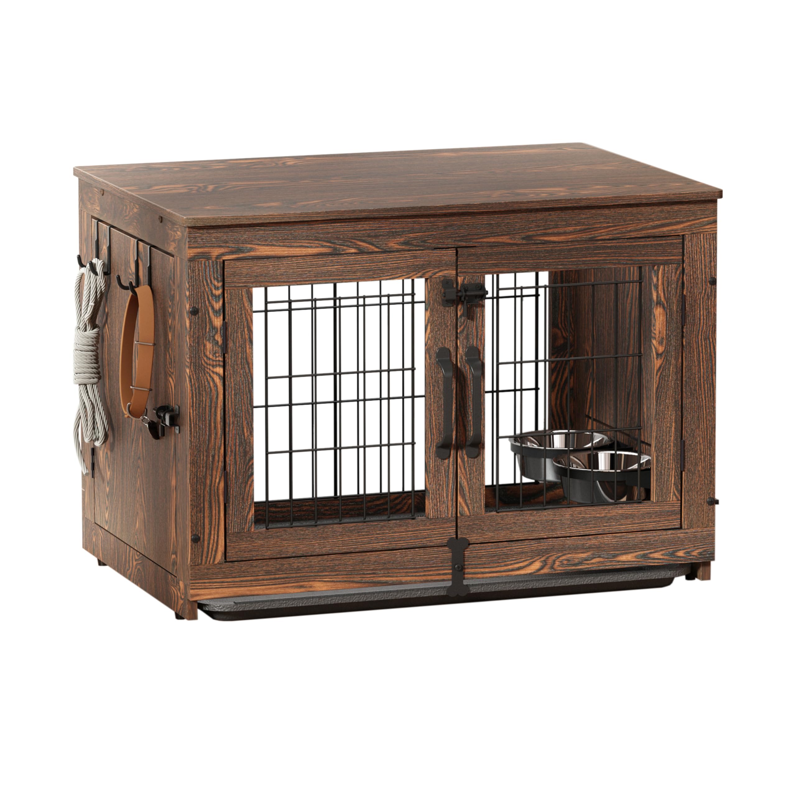 Piskyet Wooden Dog Crate Furniture With 360Rotatable Removable Dog Bowls, Dog Crate End Table With Tray, Double Doors Dog Kennel