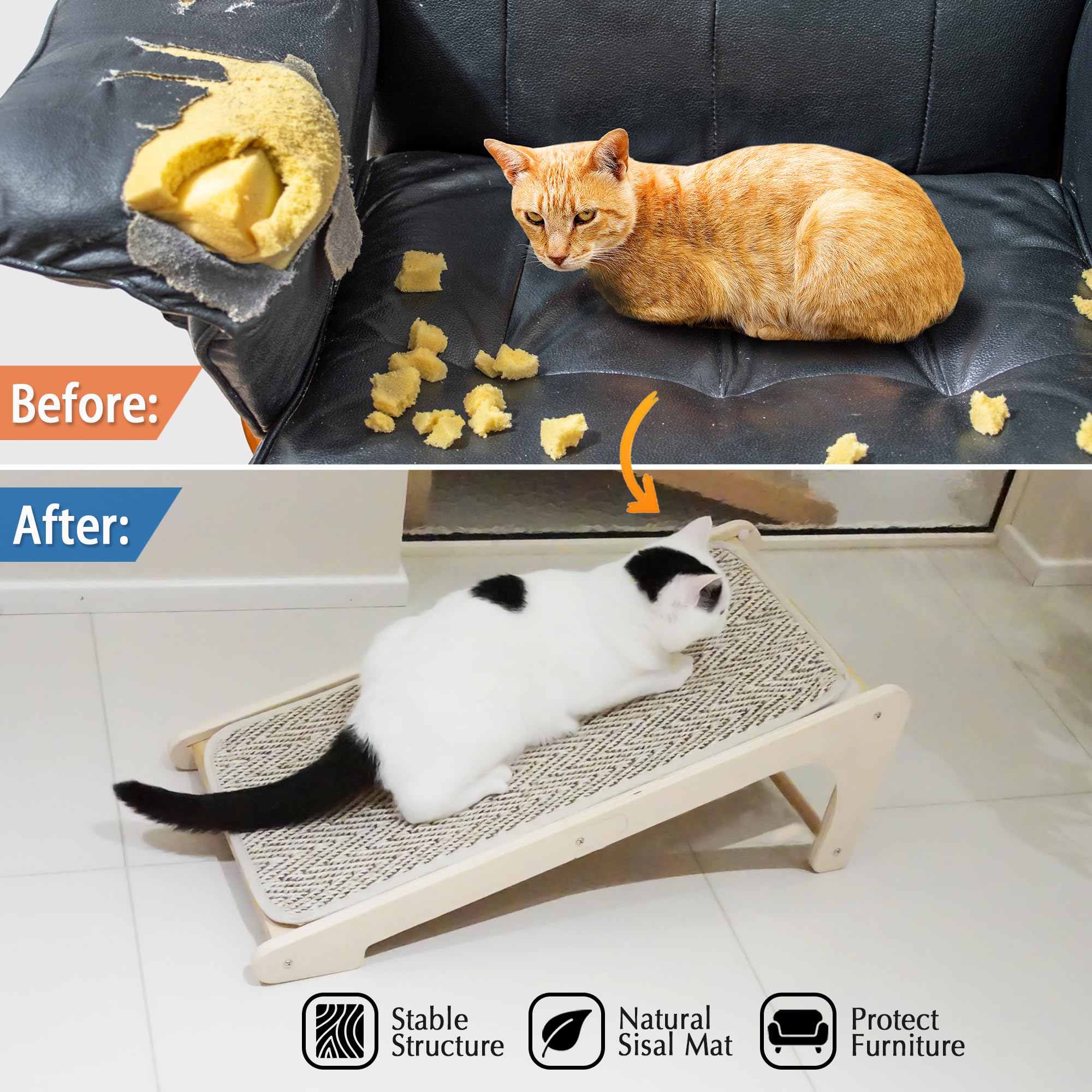 PETKARAY Cat Scratcher, Sisal Cat Scratching Ramp, L Shape Scratch Board for Indoor Kitty, 27 Wall Furniture Protector with Mous