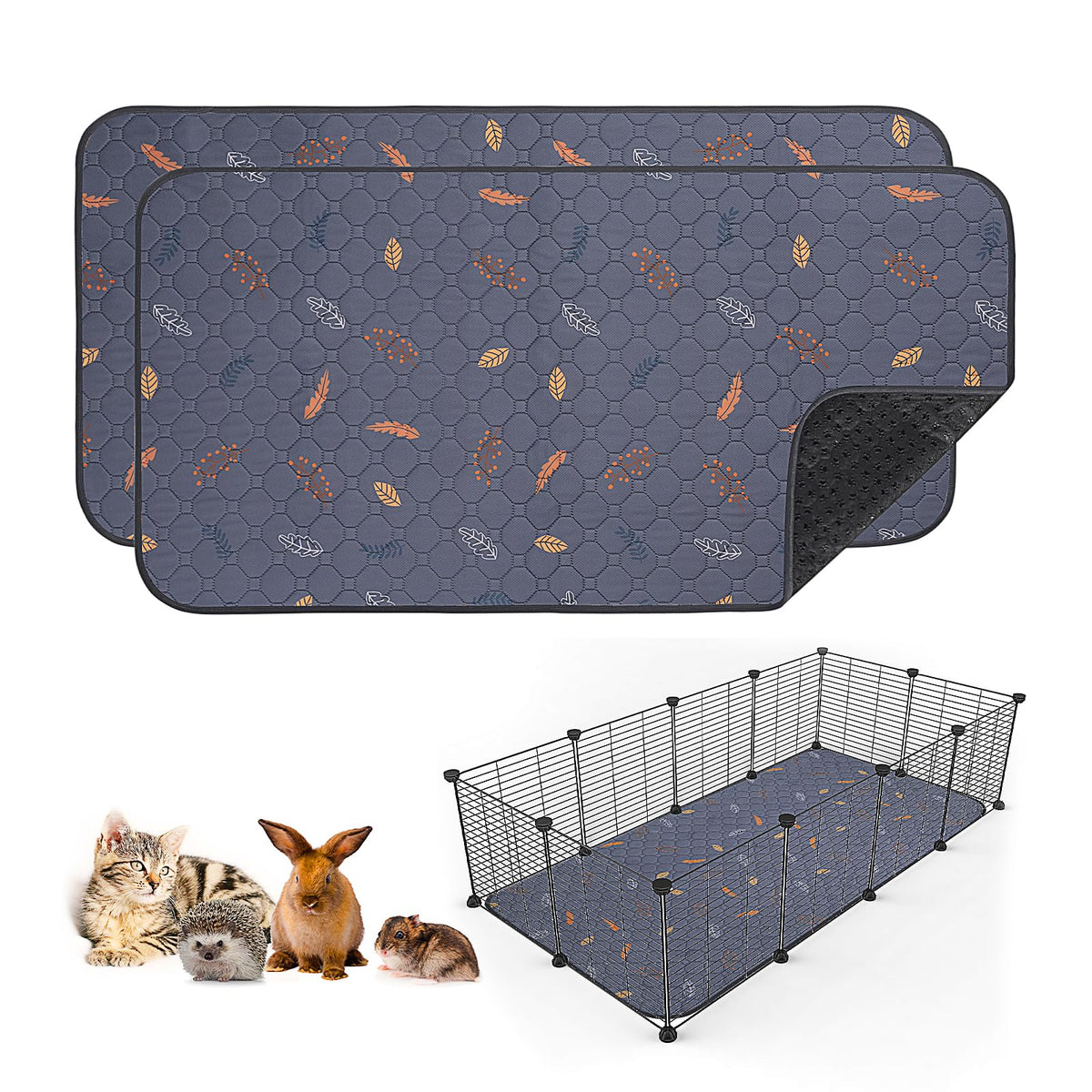 Sunheir 2 Pack Washable Guinea Pig Pee Pads, 24' X 48' Waterproof Reusable Guinea Pig Cage Liners, Absorbent Bedding Training Mat For Small Animal Guinea Pigs Rabbit Bunny Hamster (Leaves - Deep Grey)