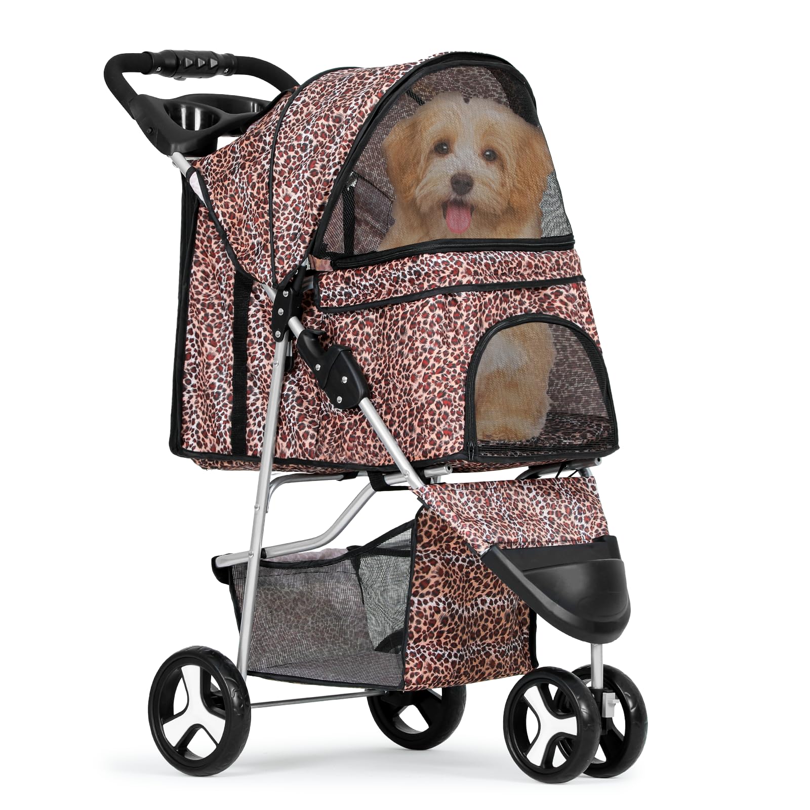 Monibloom 3 Wheels Pet Dog Cat Stroller For Small Medium Dogs Cats, Lightweight Foldable Jogger Stroller W/Storage Basket & Cup Holder, Leopard Print