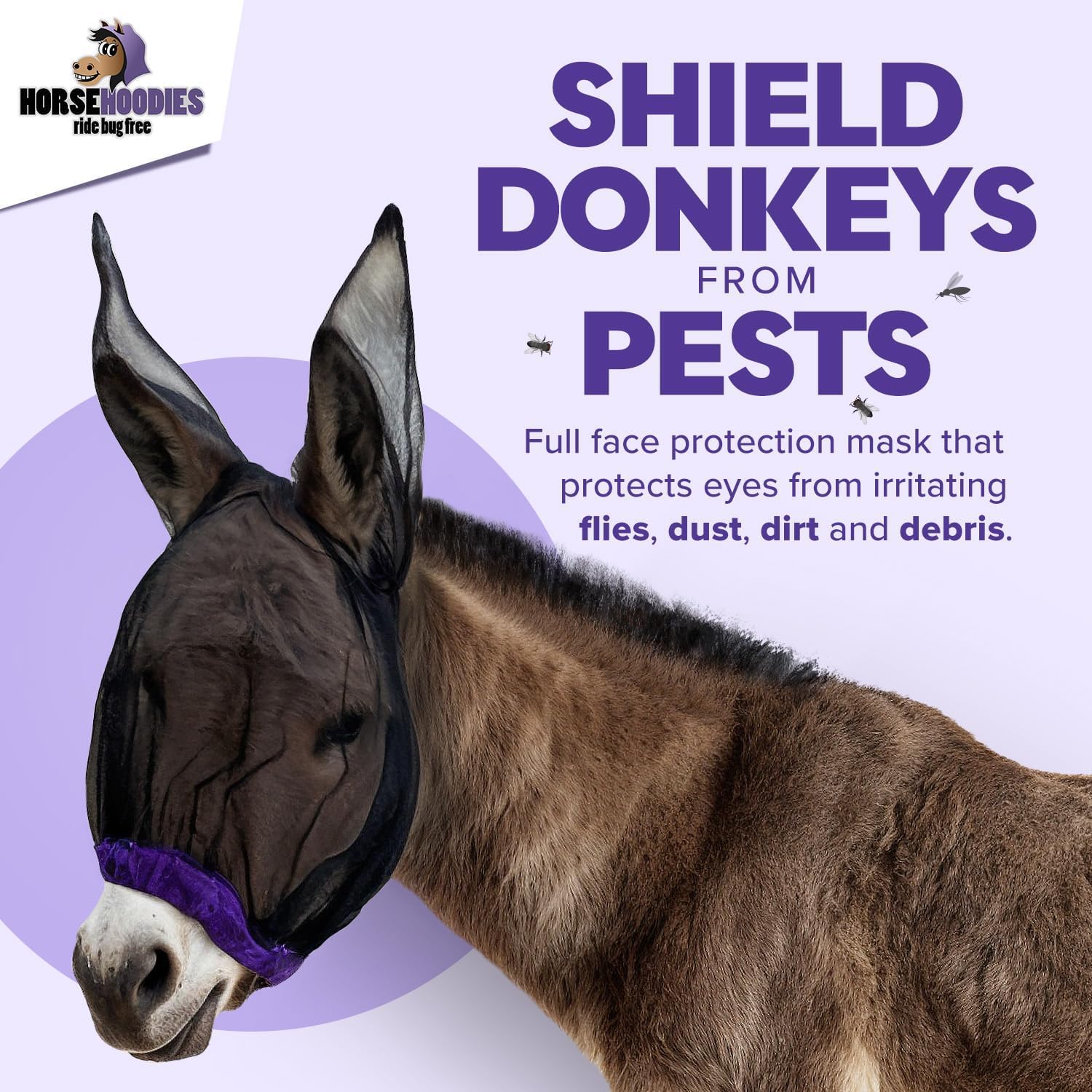 Donkey Fly Mask with Long Ears (Purple) Made in USA - Mule Fly Mask with Ears Protection from Insects and Bugs, Mini Donkey Soft