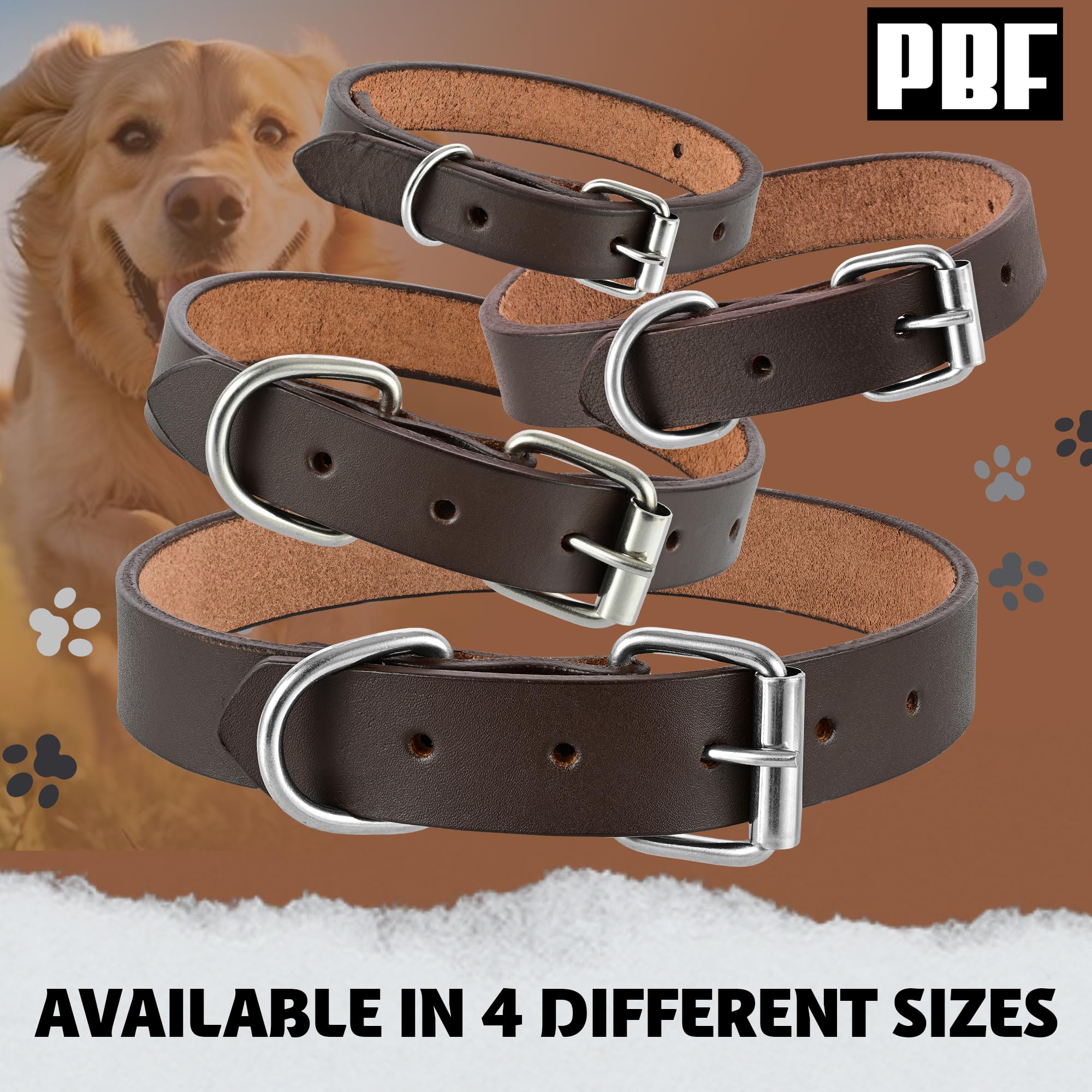 Pbf Genuine Leather Dog Collar - Heavy Duty, Thick And Durable Collar For Small, Medium, Large, And Extra Large Dogs (Brown, Med