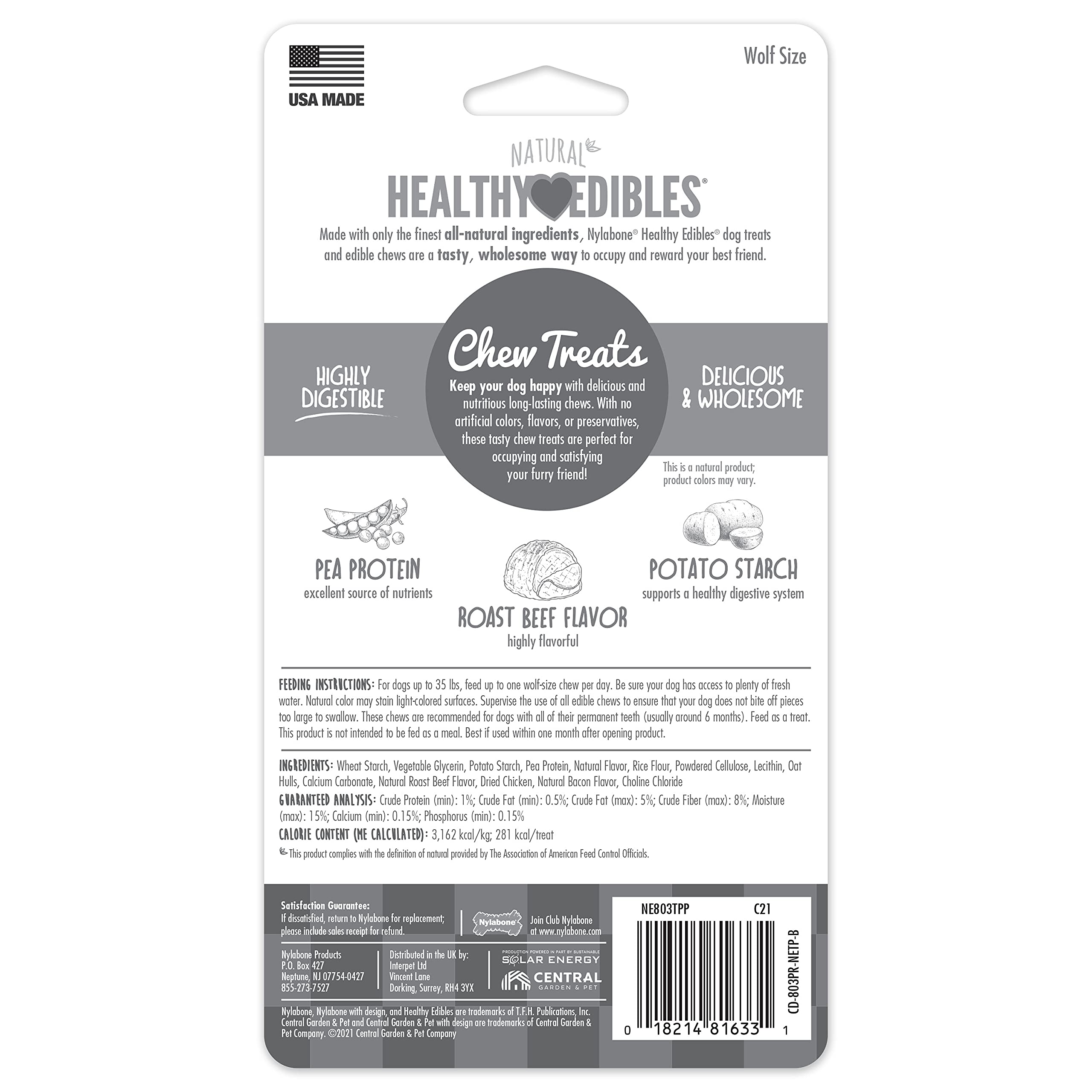 Nylabone Healthy Edibles Natural Dog Chews Long Lasting Roast Beef Flavor Treats for Dogs, Medium/Wolf (2 Count)